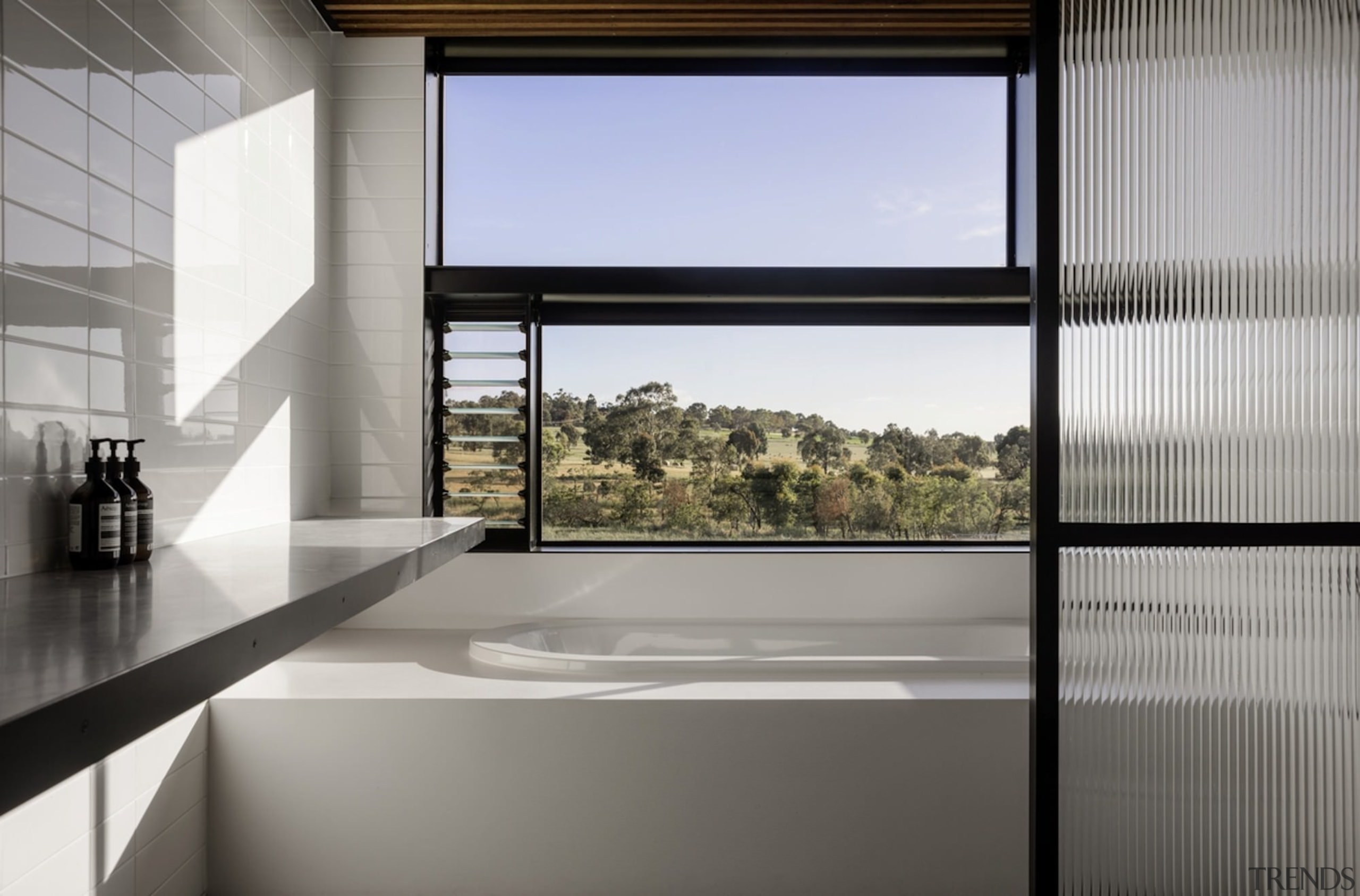 Even the bathroom shares the rural views - architecture, daylighting, glass, house, interior design, property, real estate, window, gray