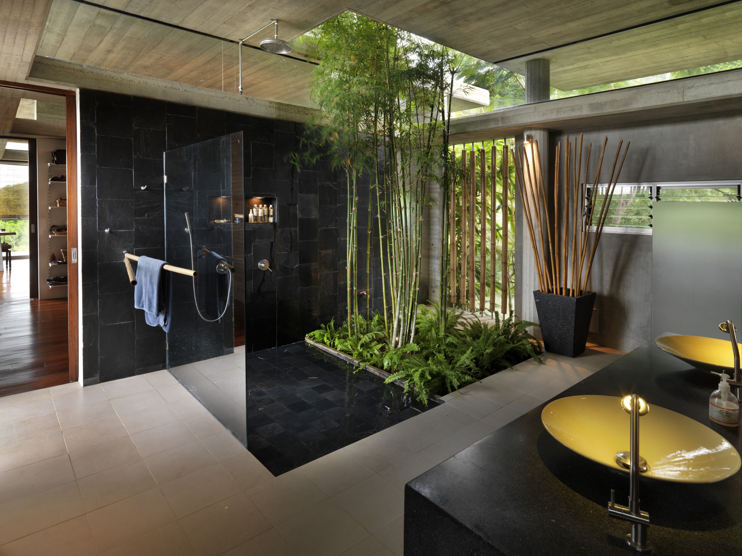 Shot of contemporary bathroom with dark tiles and architecture, home, house, interior design, real estate, black, brown