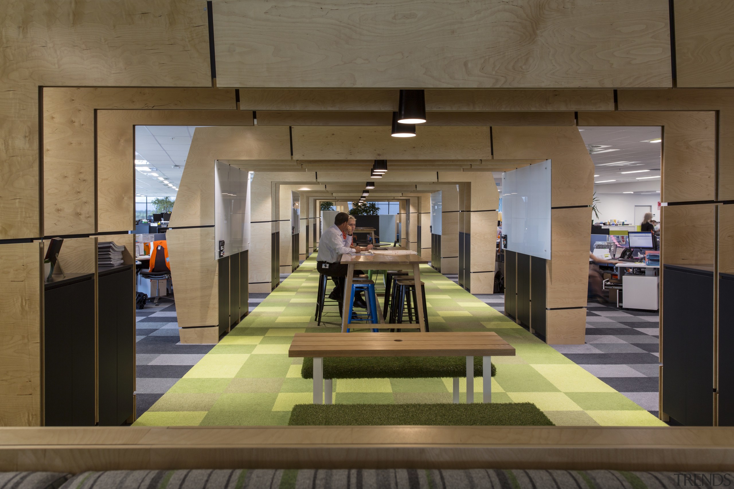 In this fit-out, the upstairs office runway is architecture, interior design, lobby, brown