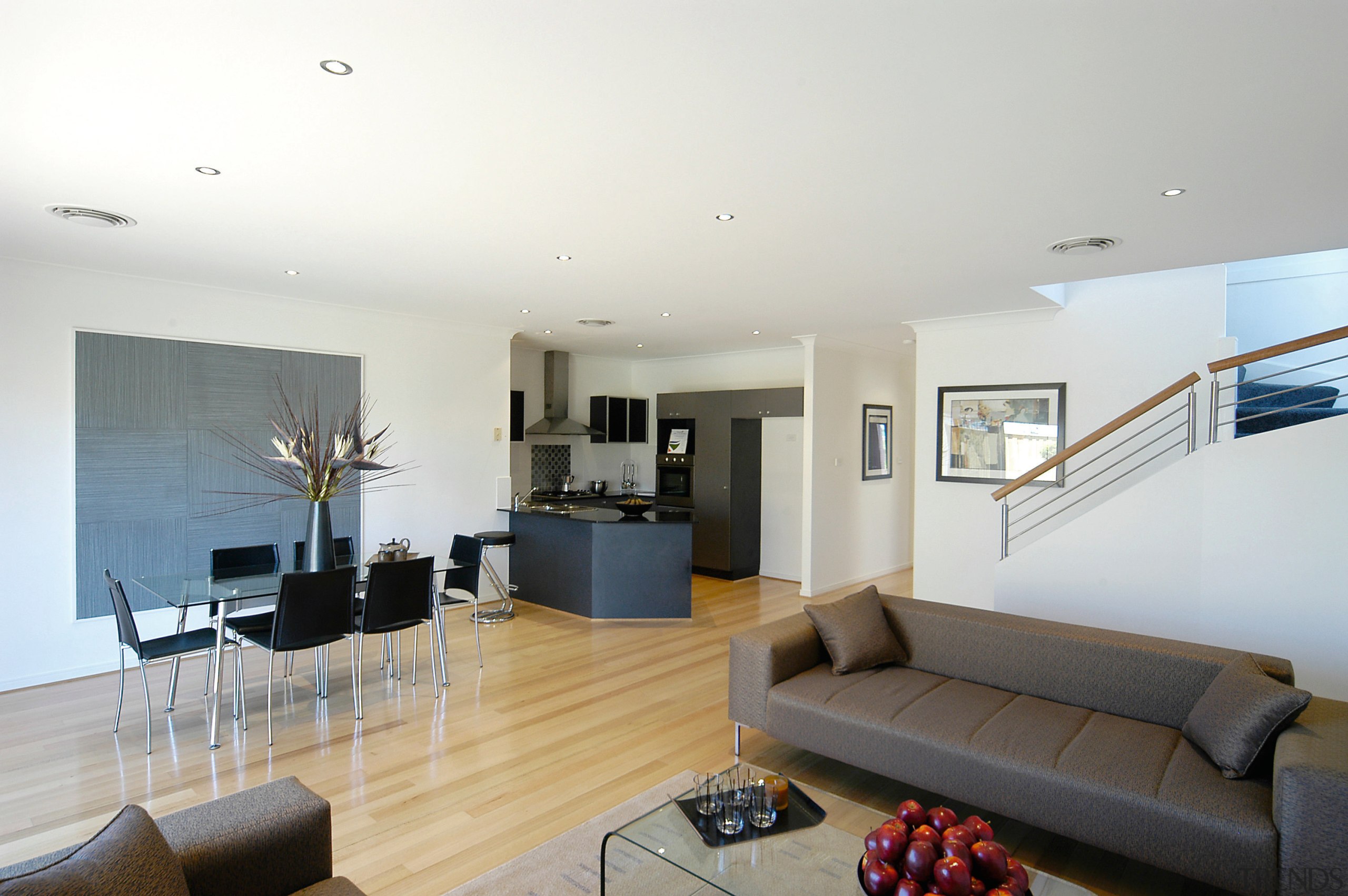 Open plan lounge, dining and kitchen area with apartment, architecture, ceiling, floor, house, interior design, living room, penthouse apartment, property, real estate, room, white