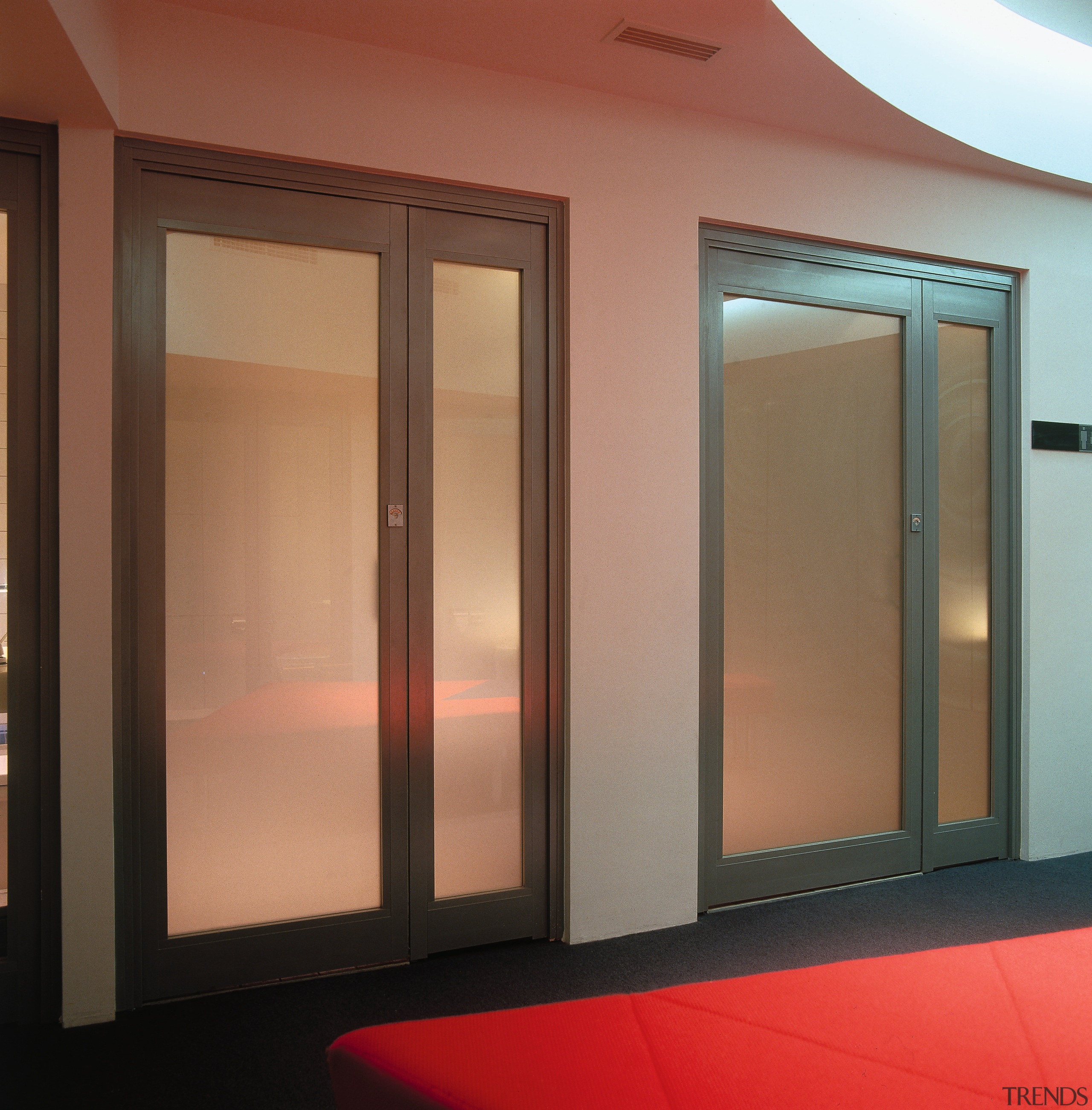 Frosted glass bathroom doors at hotel. - Frosted door, glass, interior design, window, brown