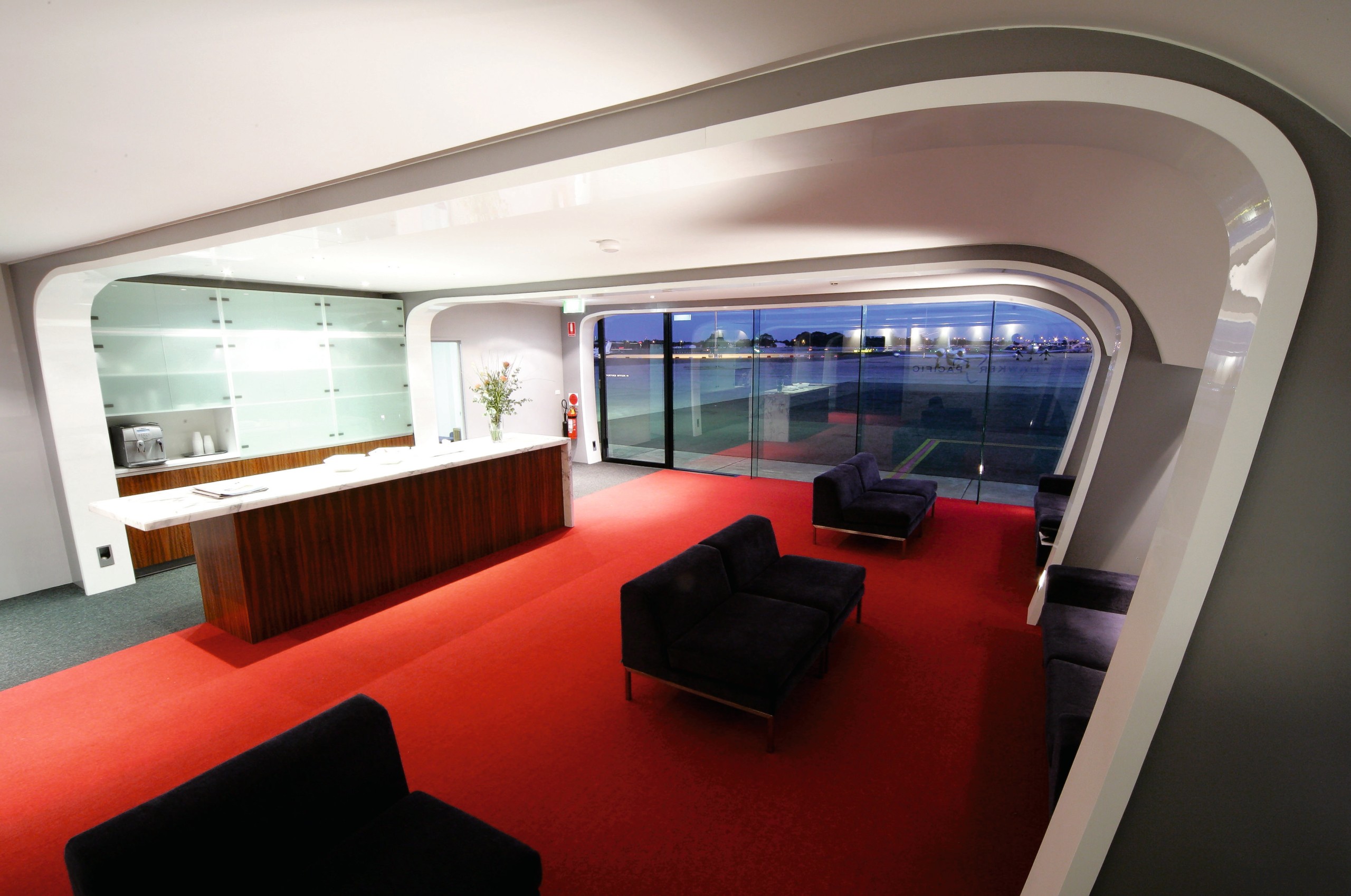 Overall view of the building, red and grey architecture, ceiling, interior design, white