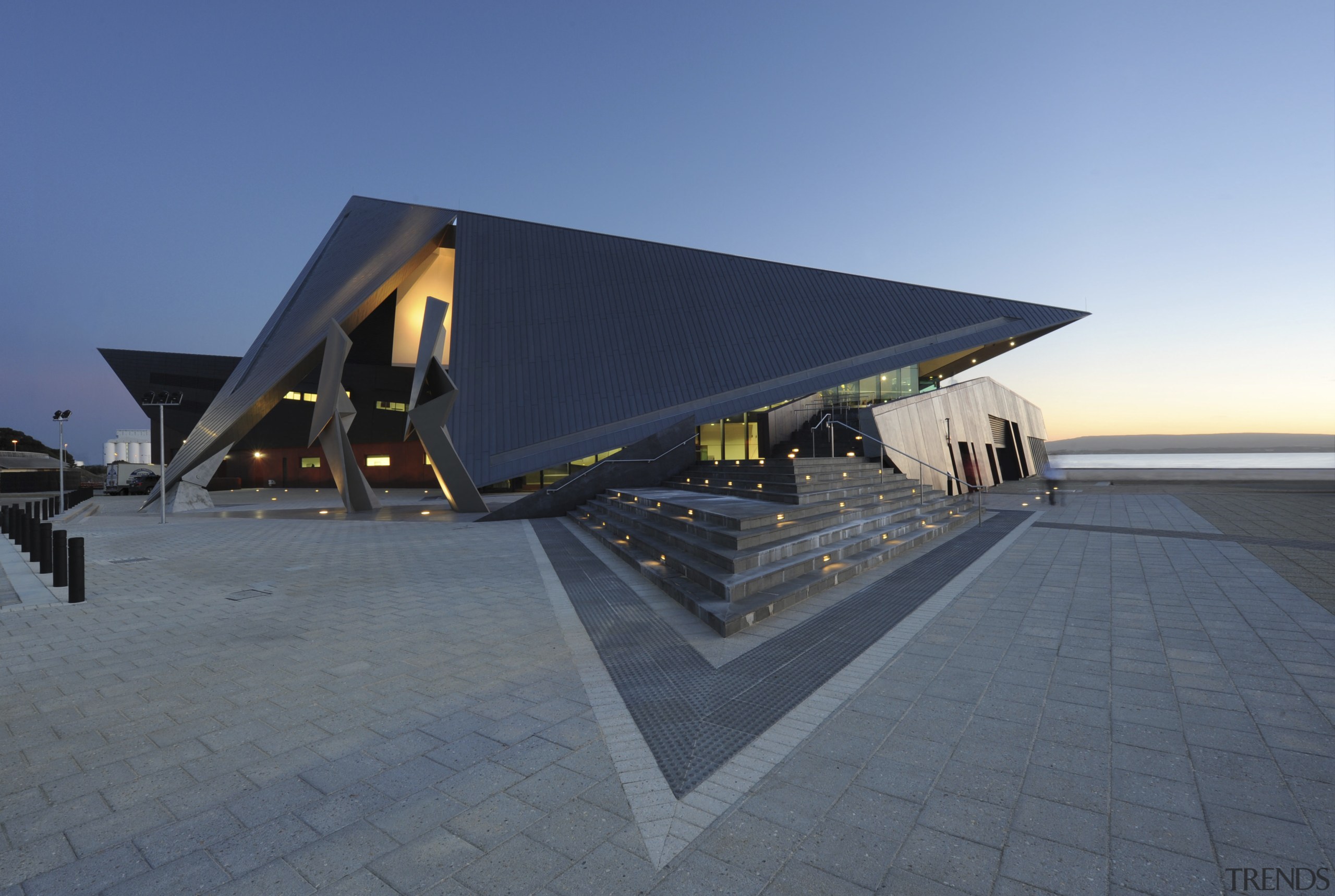 View of the exterior of the Albany Entertainment architecture, house, roof, sky, gray, blue