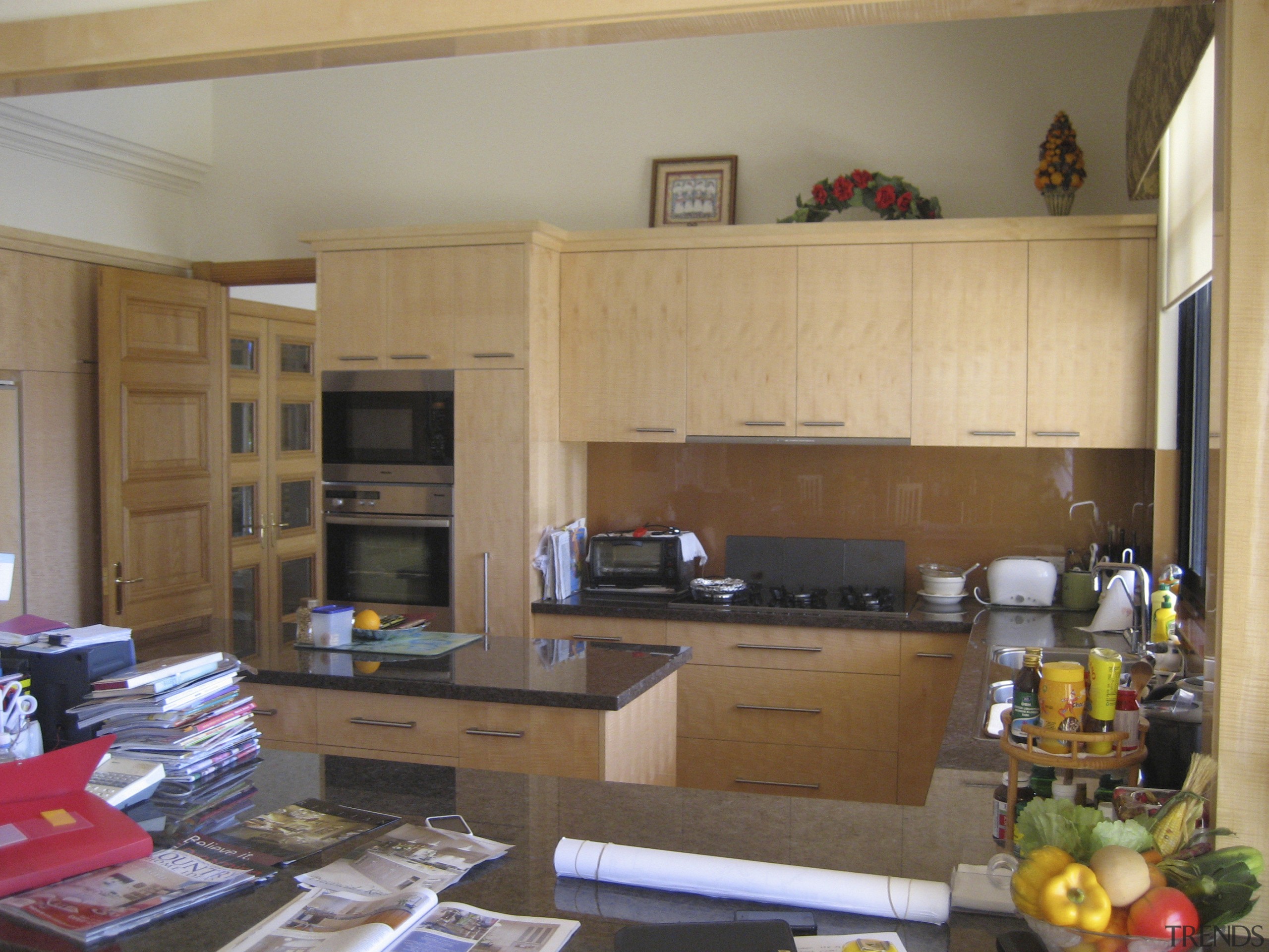 A view of the kitchen area before it cabinetry, countertop, interior design, kitchen, living room, room, brown, gray