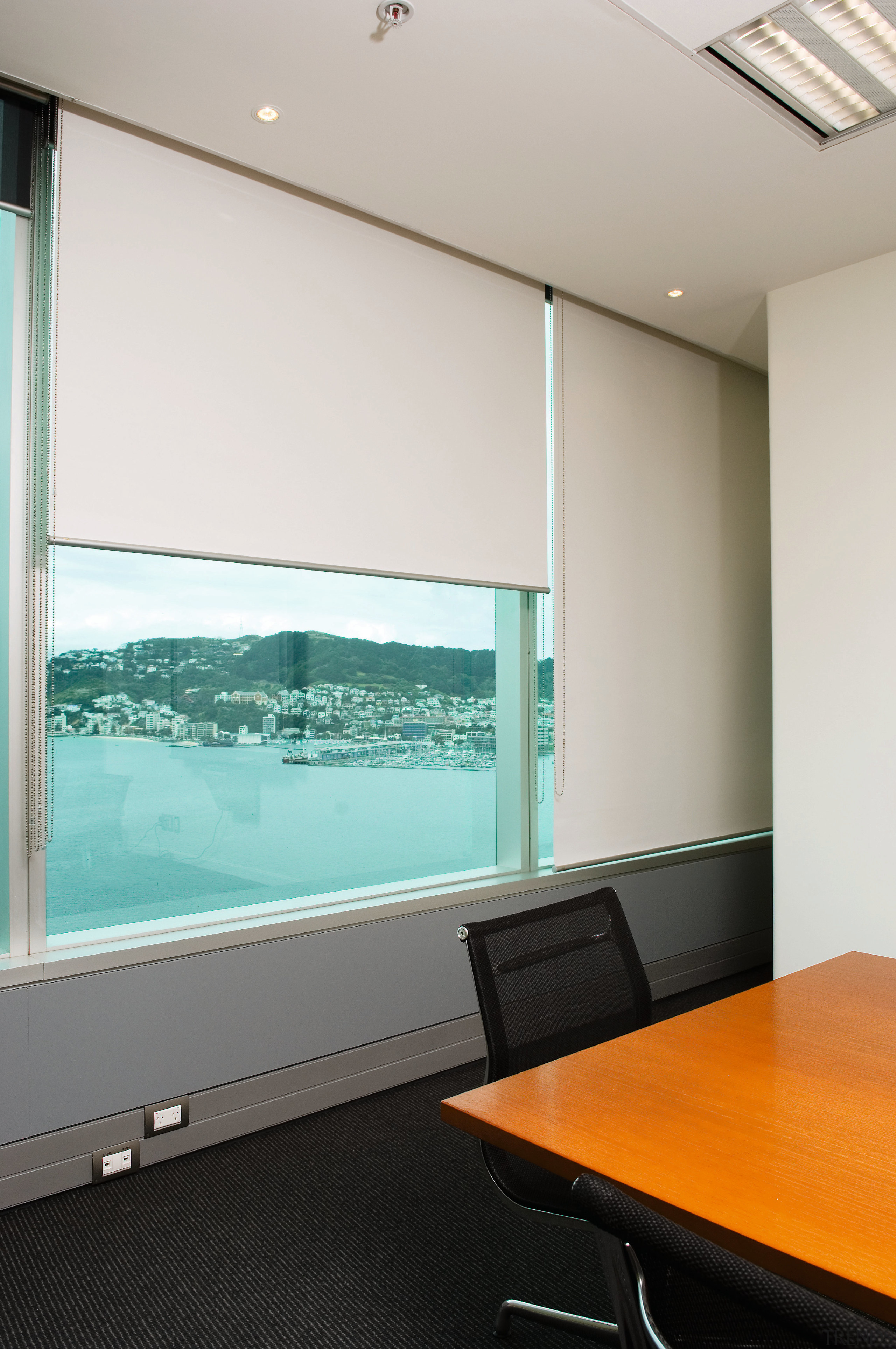 A view extrafloke blackout blinds used in office architecture, ceiling, daylighting, floor, glass, interior design, office, window, window covering, gray