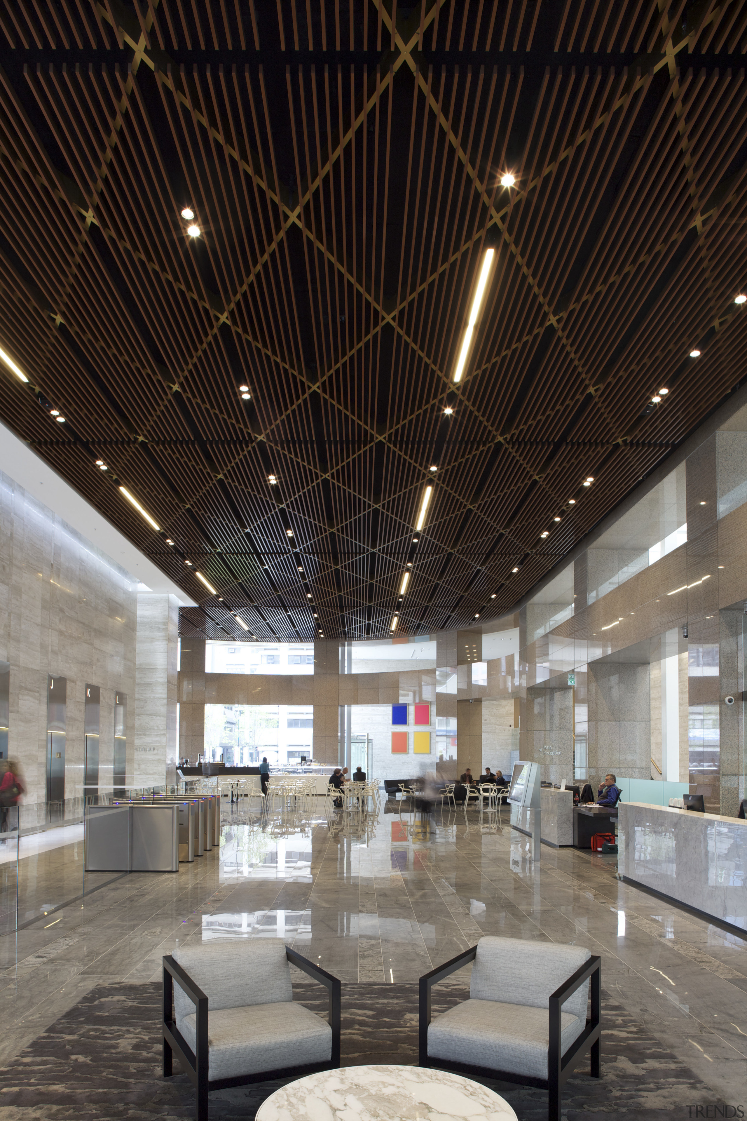 Heightened aesthetic  dramatic ceilings in ANZ Centre architecture, ceiling, daylighting, interior design, lobby, black, gray