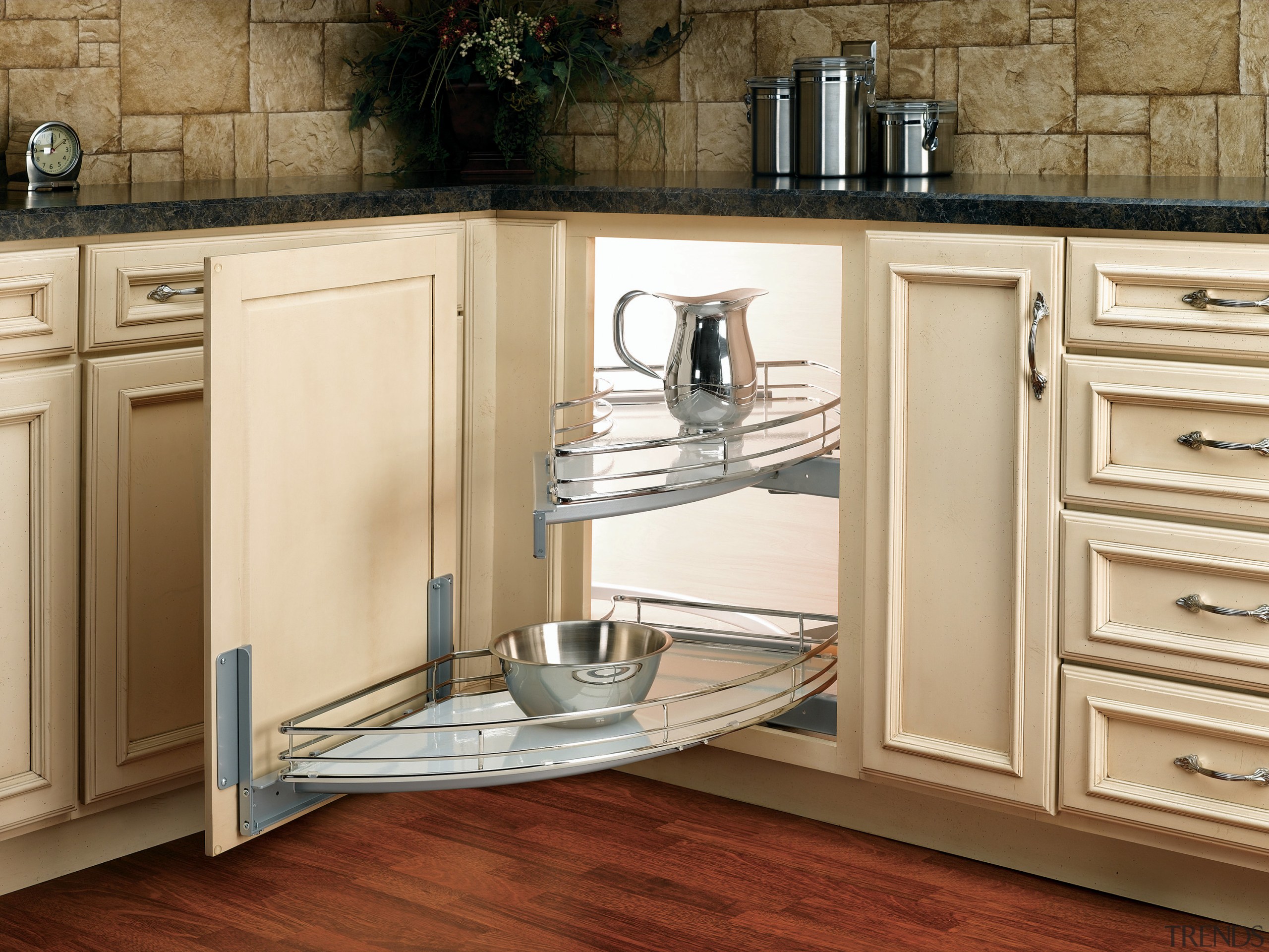 View of cabinetry which features storage systems from cabinetry, countertop, cuisine classique, drawer, floor, flooring, furniture, hardwood, home appliance, kitchen, kitchen appliance, kitchen stove, major appliance, wood flooring, wood stain, brown, orange