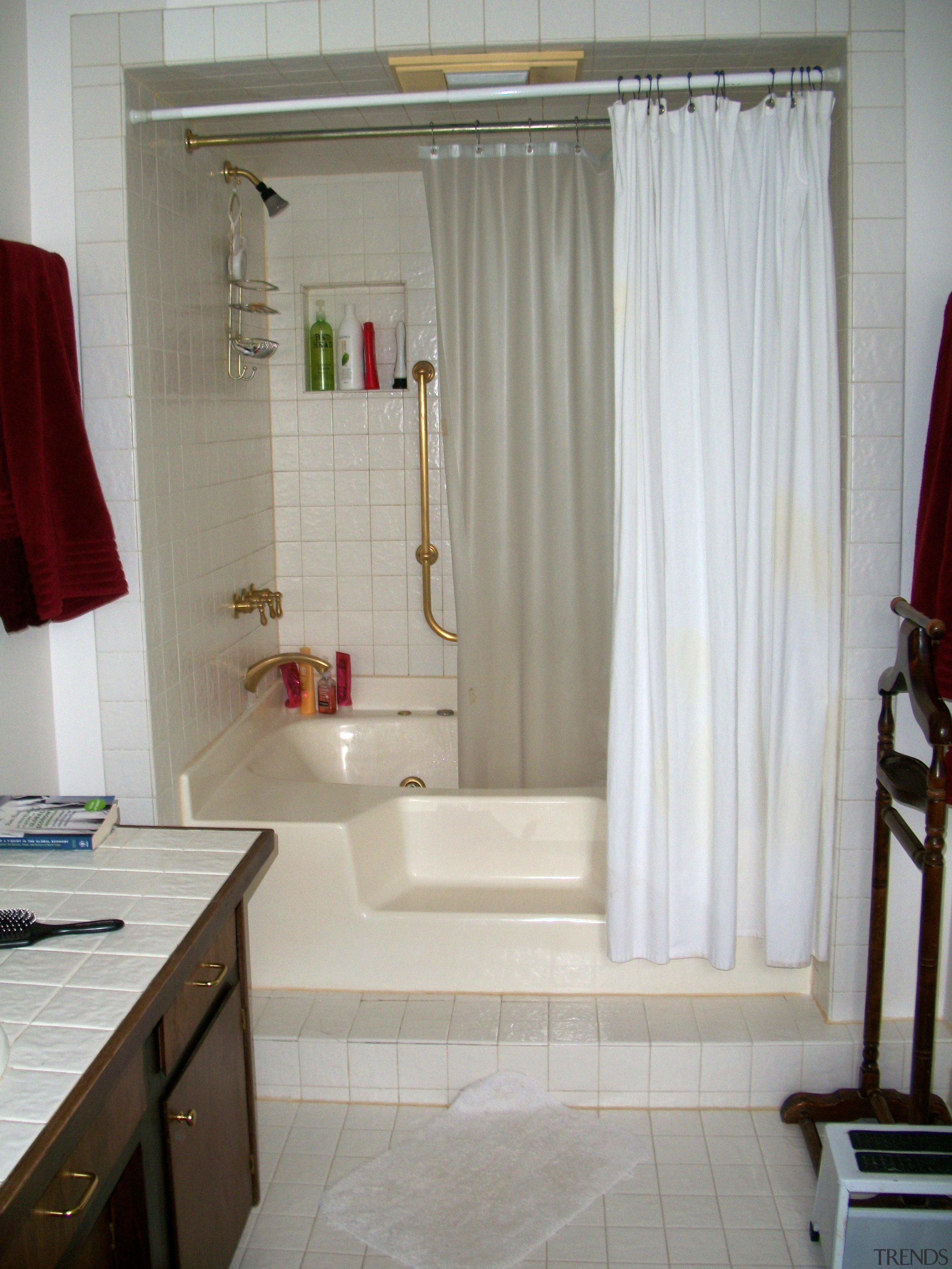 Before image of bathroom by Mark Williams - bathroom, curtain, floor, flooring, home, interior design, plumbing fixture, room, textile, tile, window, window treatment, gray