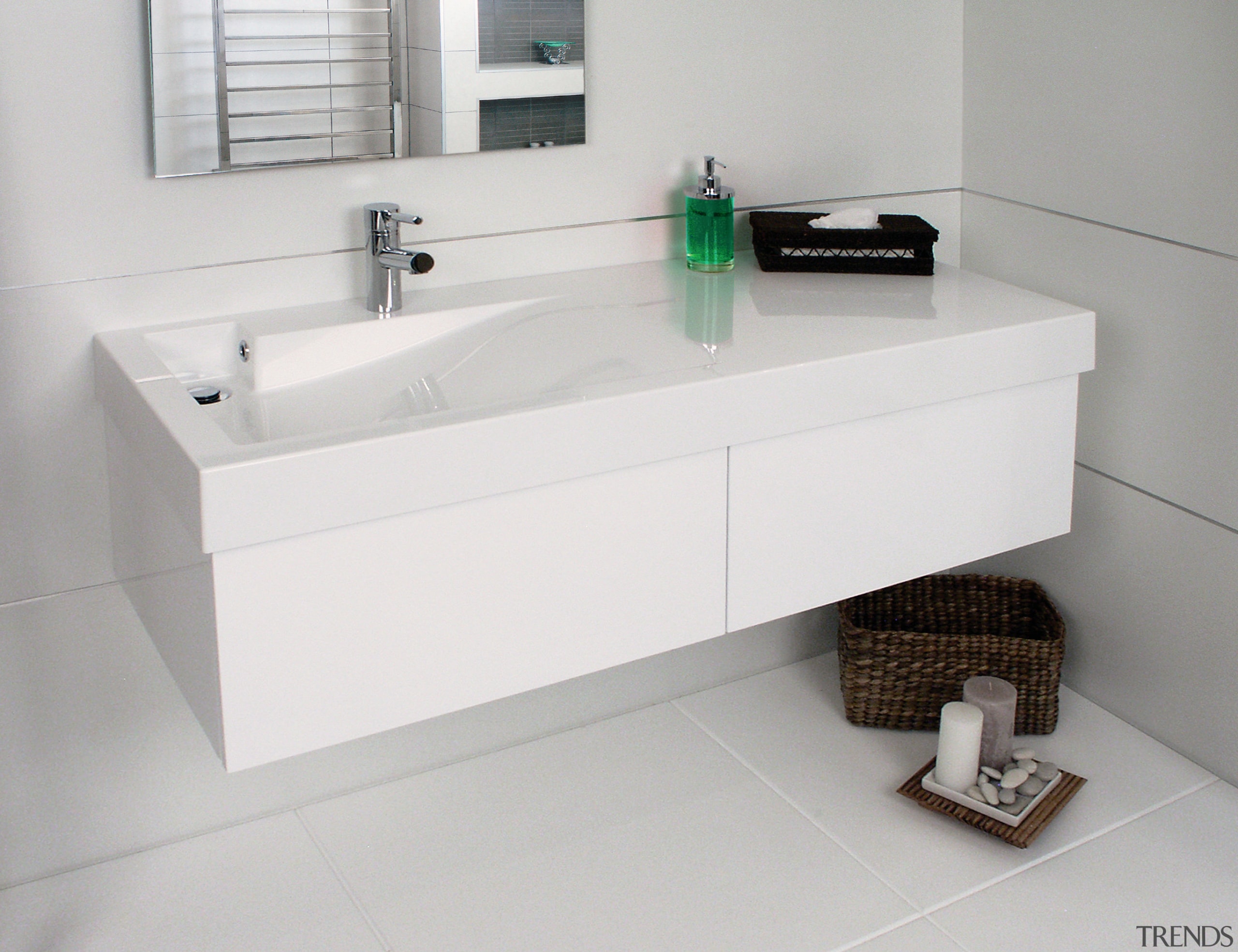 A view of some bathroomware fro Architectural Designer angle, bathroom, bathroom accessory, bathroom cabinet, bathroom sink, furniture, plumbing fixture, product design, sink, tap, gray, white