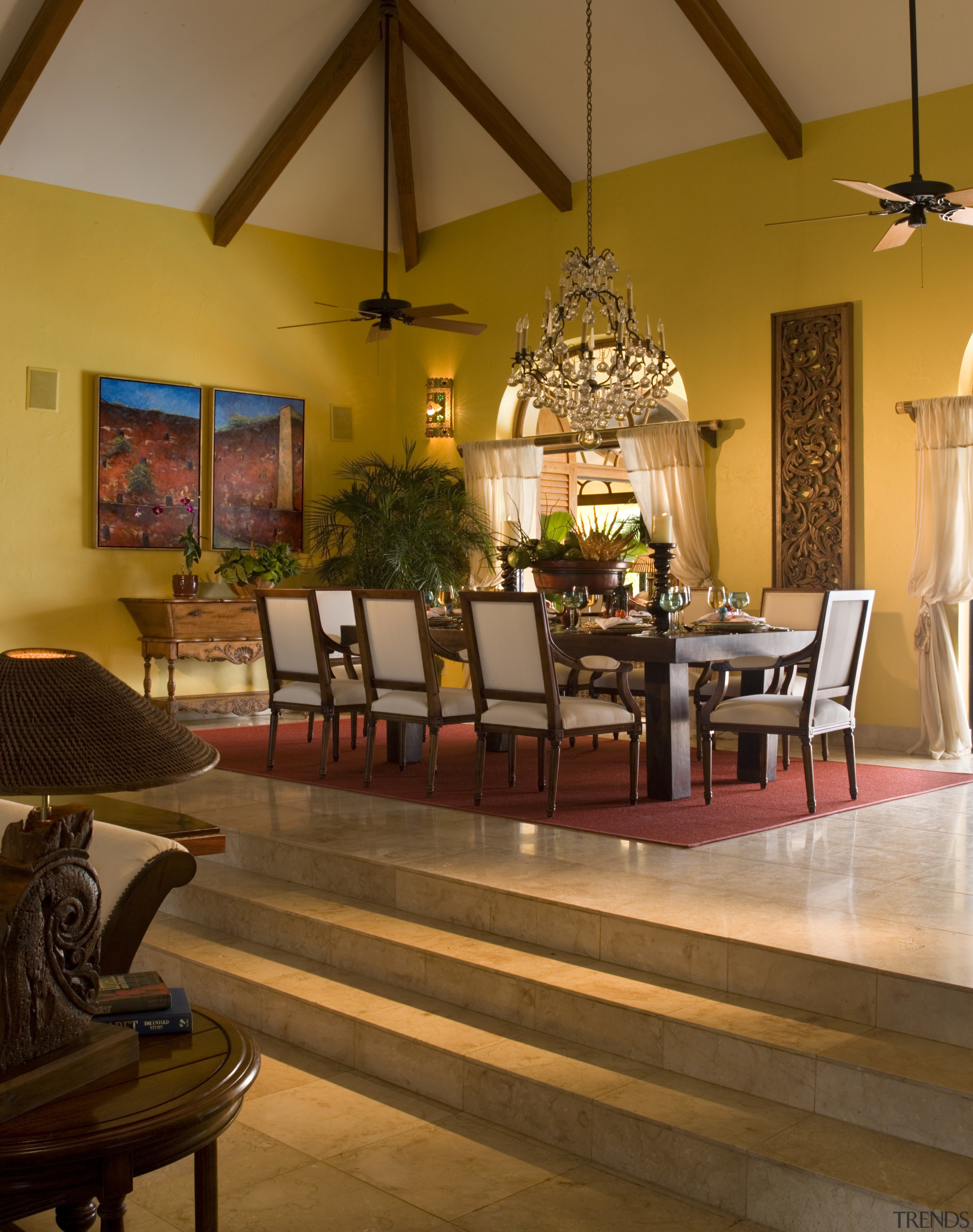 Interior view of dining area with classic furniture ceiling, dining room, floor, flooring, furniture, hacienda, hardwood, home, interior design, lighting, living room, lobby, room, table, wood, wood flooring, brown