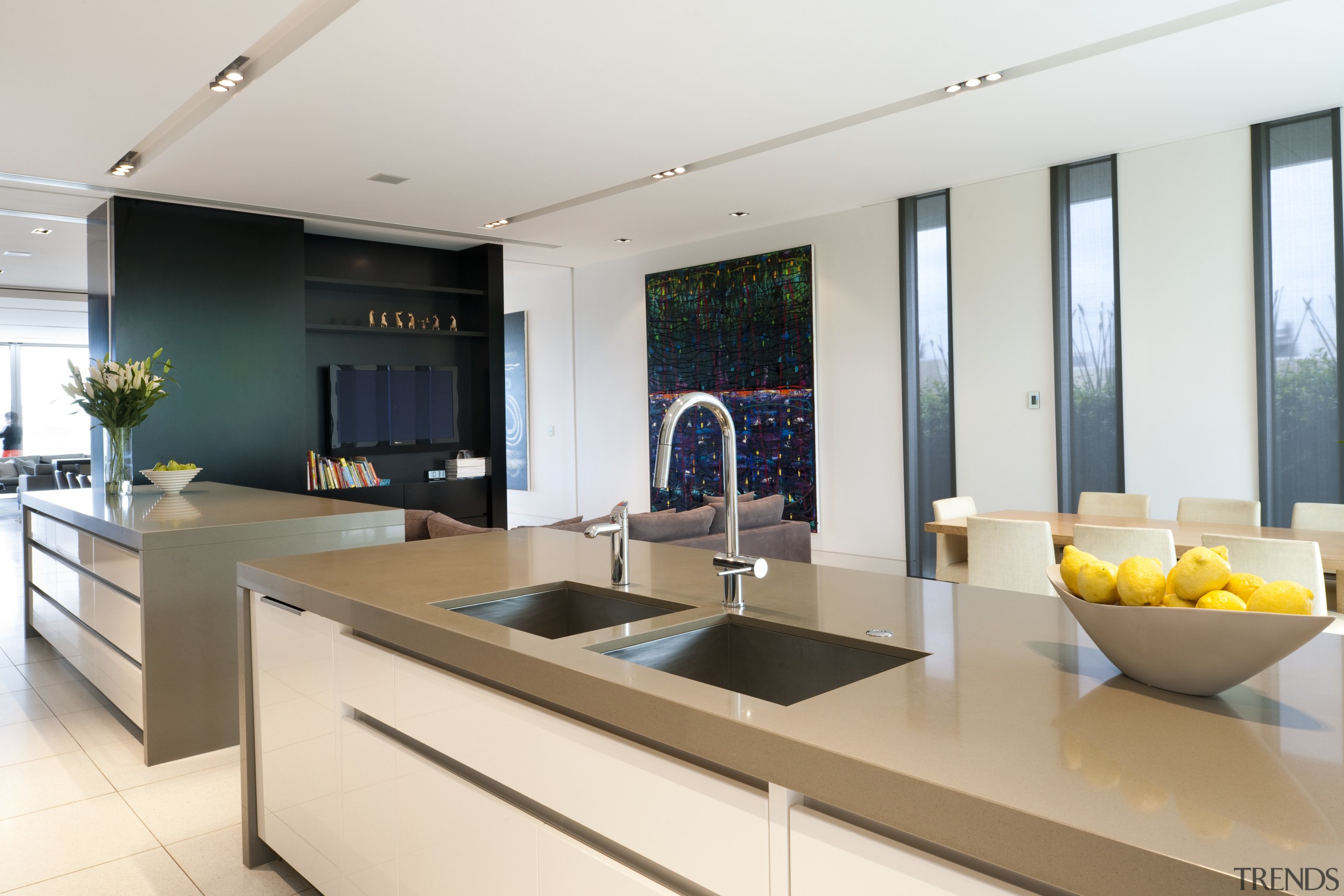 View fo contempoary kitchen with beige benchtops and countertop, interior design, kitchen, real estate, white