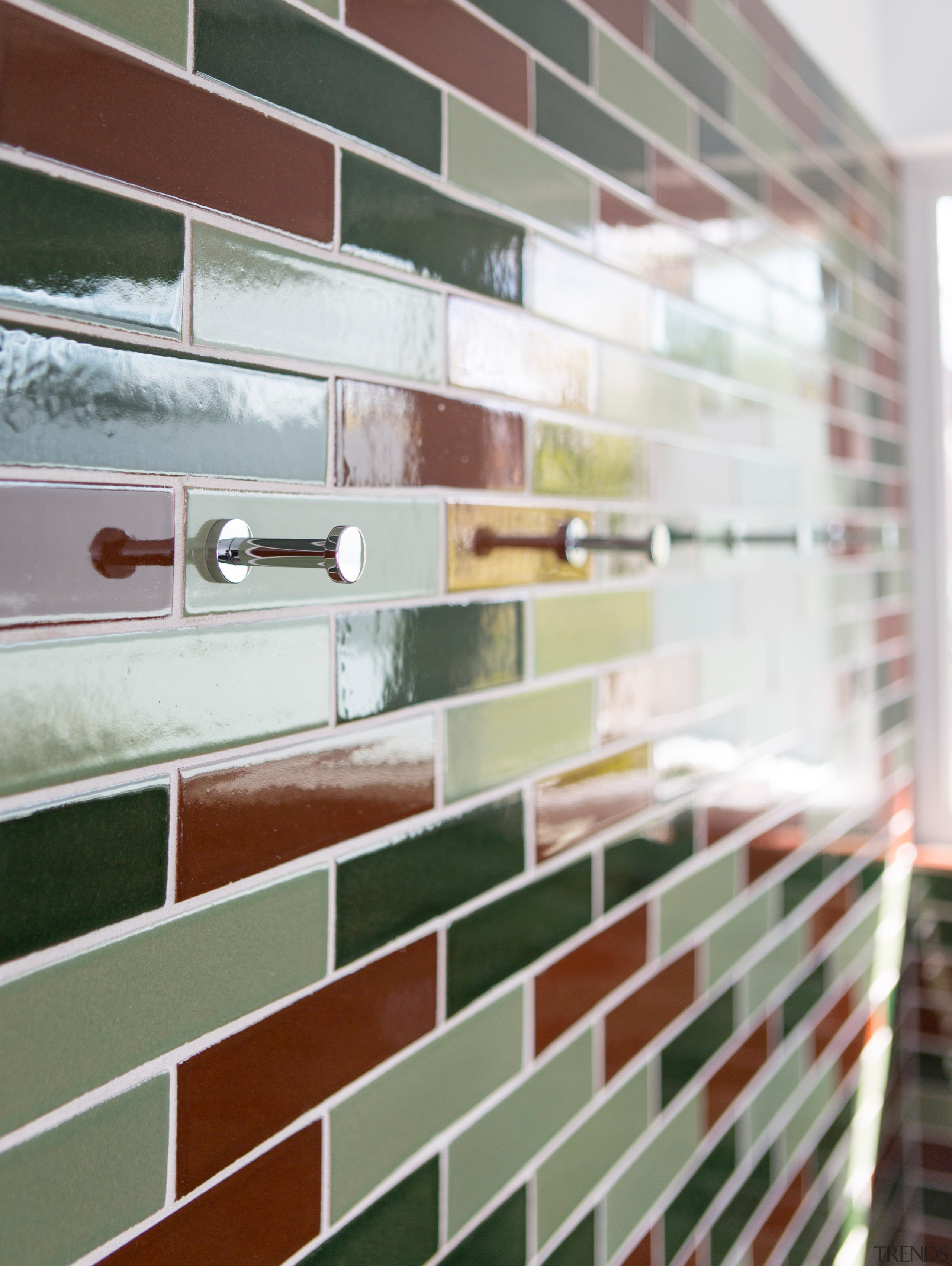 Small bathroom transformed with handmade tiles  - brick, floor, glass, material, wall, window, wood, gray, white