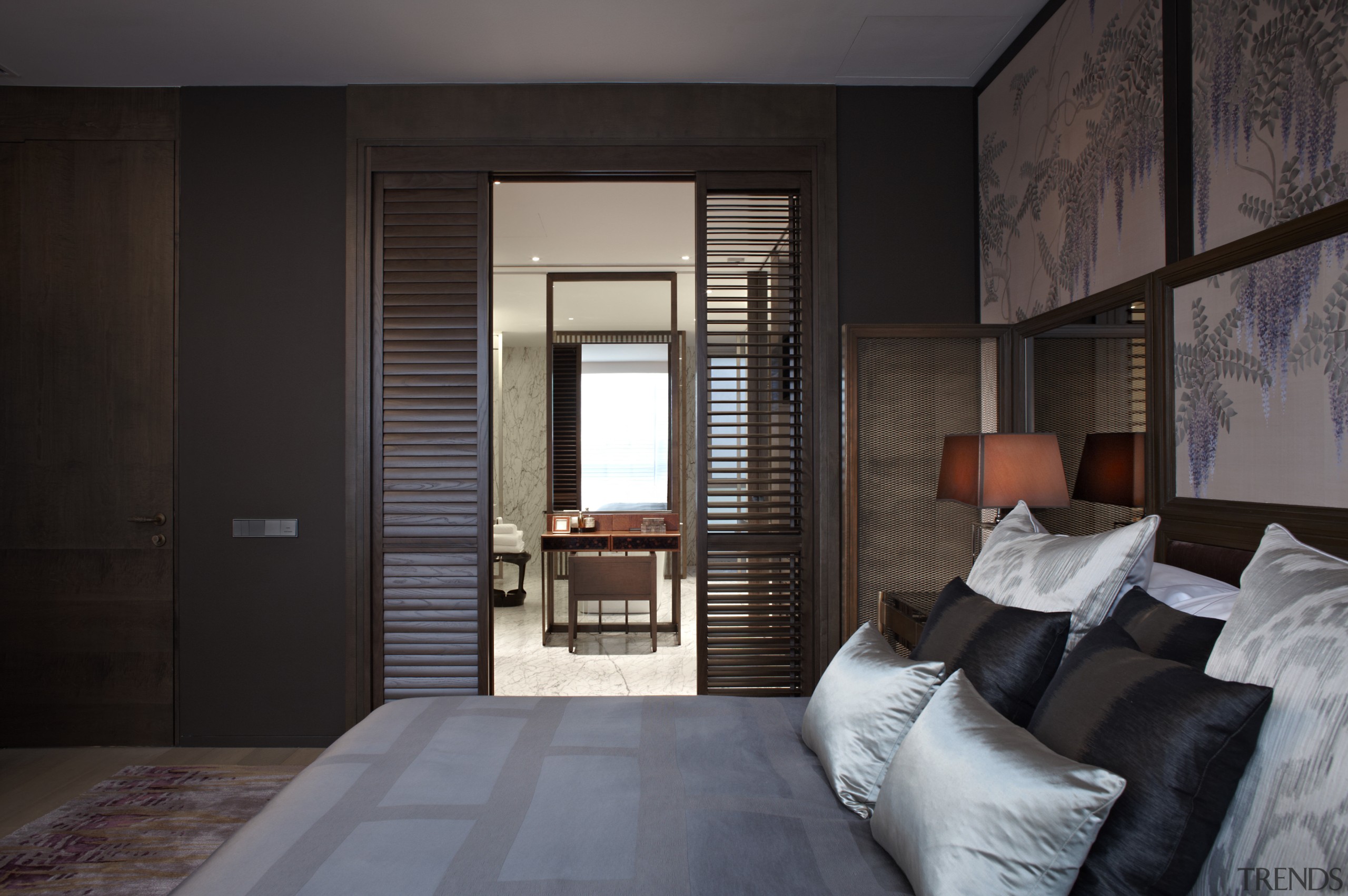 his bedroom opens to an ensuite bathroom featuring ceiling, interior design, room, suite, window, black, gray