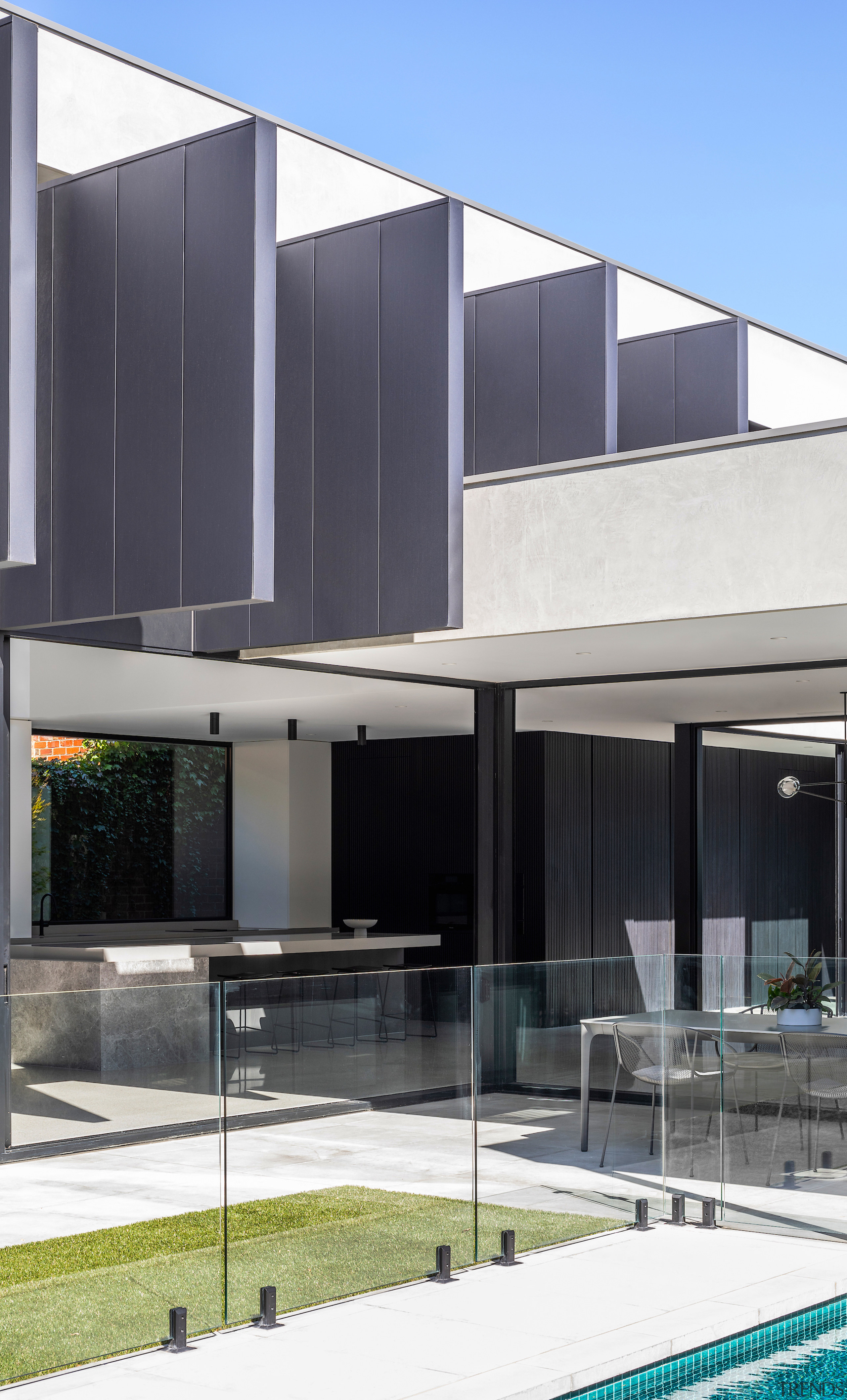 The rear of the home showing architectural fins. 