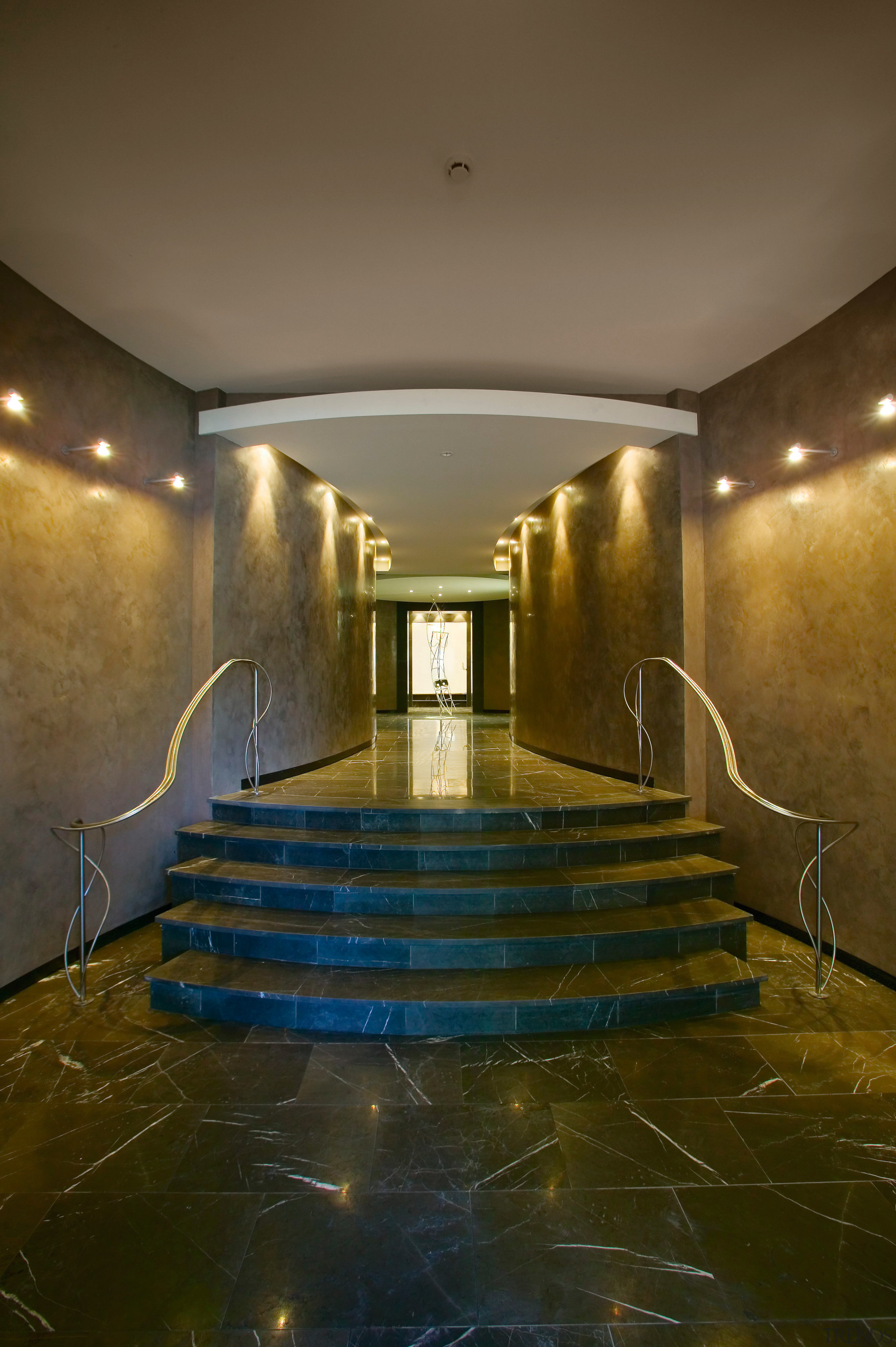 entry to apartments - entry to apartments - architecture, ceiling, daylighting, floor, interior design, light, lighting, lobby, reflection, wood, brown