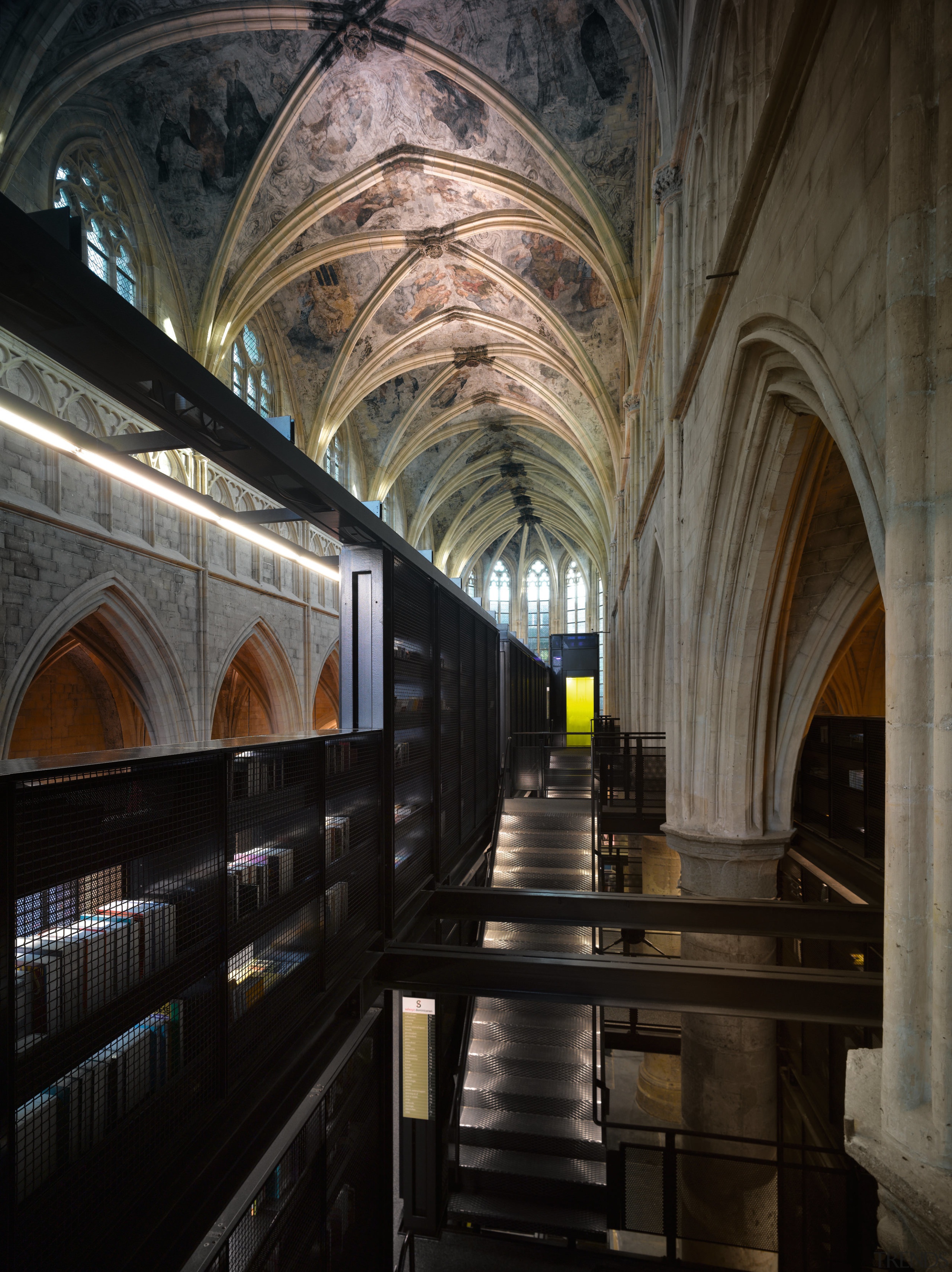 The steel bookflat creates a strong, mounmental statement arcade, arch, architecture, building, ceiling, crypt, reflection, symmetry, tourist attraction, vault, black