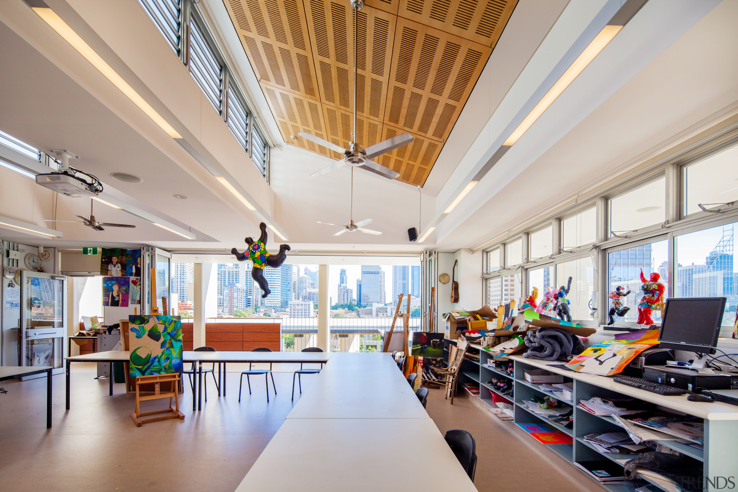 This third-level art studio in the Joan Freeman architecture, ceiling, daylighting, interior design, gray