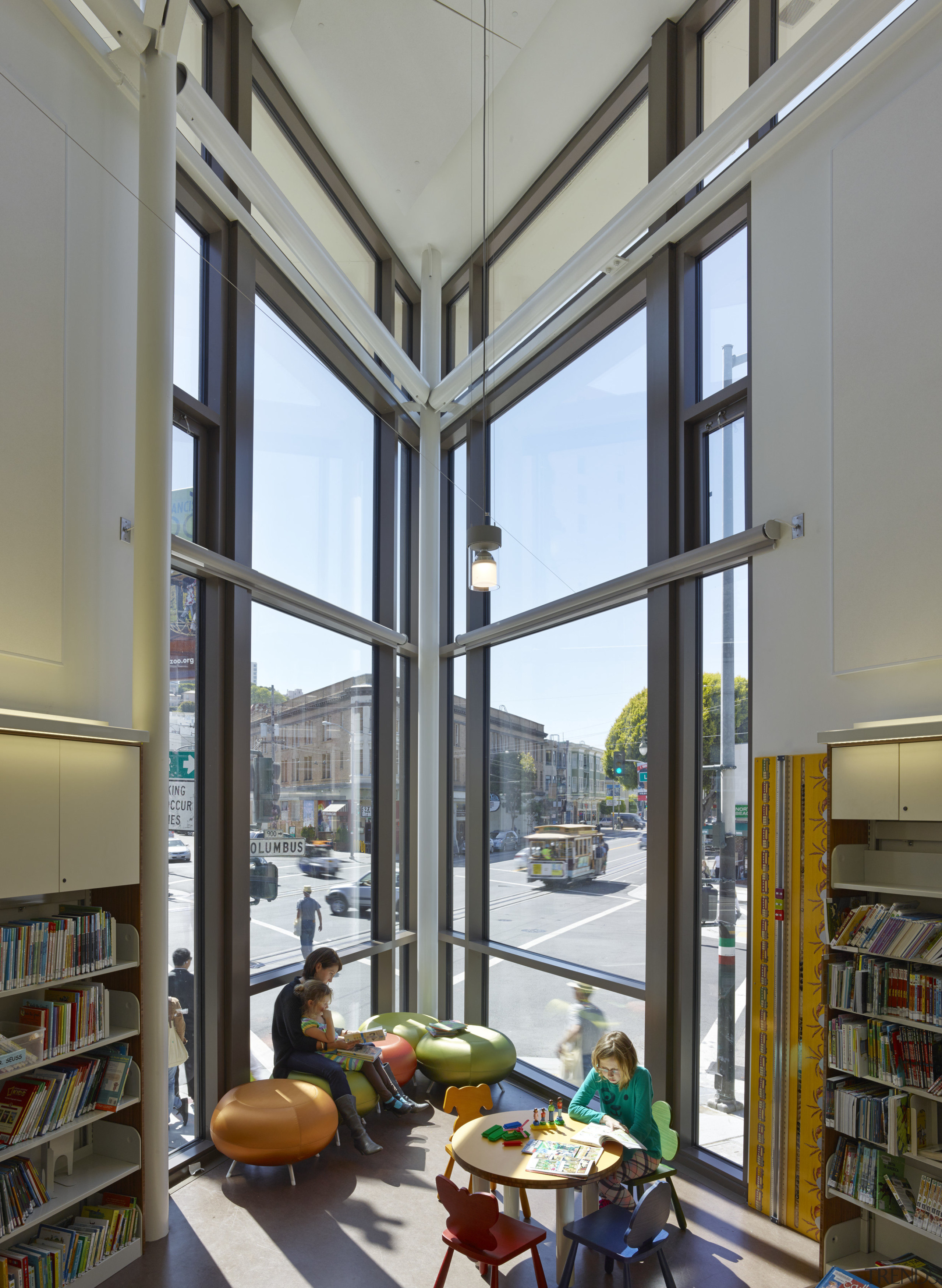 The fully glazed end of the triangular-shaped North apartment, building, daylighting, institution, interior design, library, real estate, window, gray