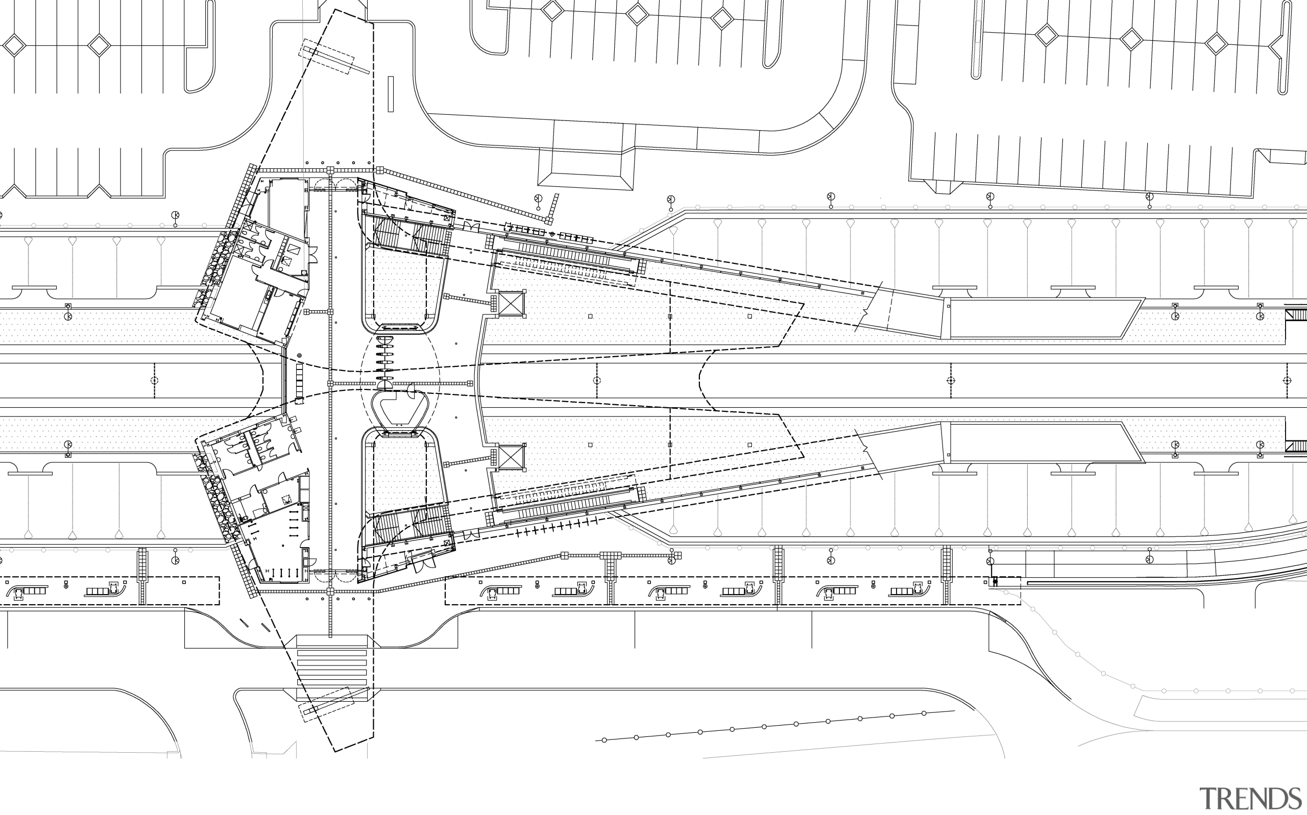 This plan shows the butterfly-shaped roof form of angle, architecture, area, artwork, black and white, design, diagram, drawing, engineering, line, line art, plan, product design, structure, technical drawing, white
