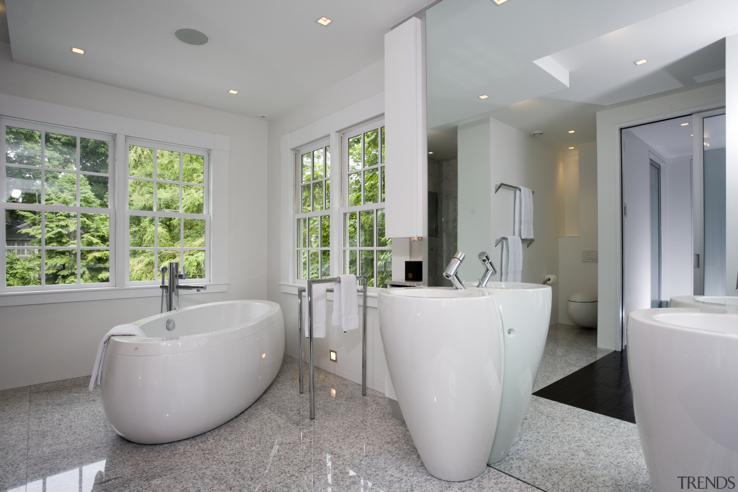 This renovation project balances the beauty of nature architecture, bathroom, estate, home, interior design, property, real estate, room, window, gray