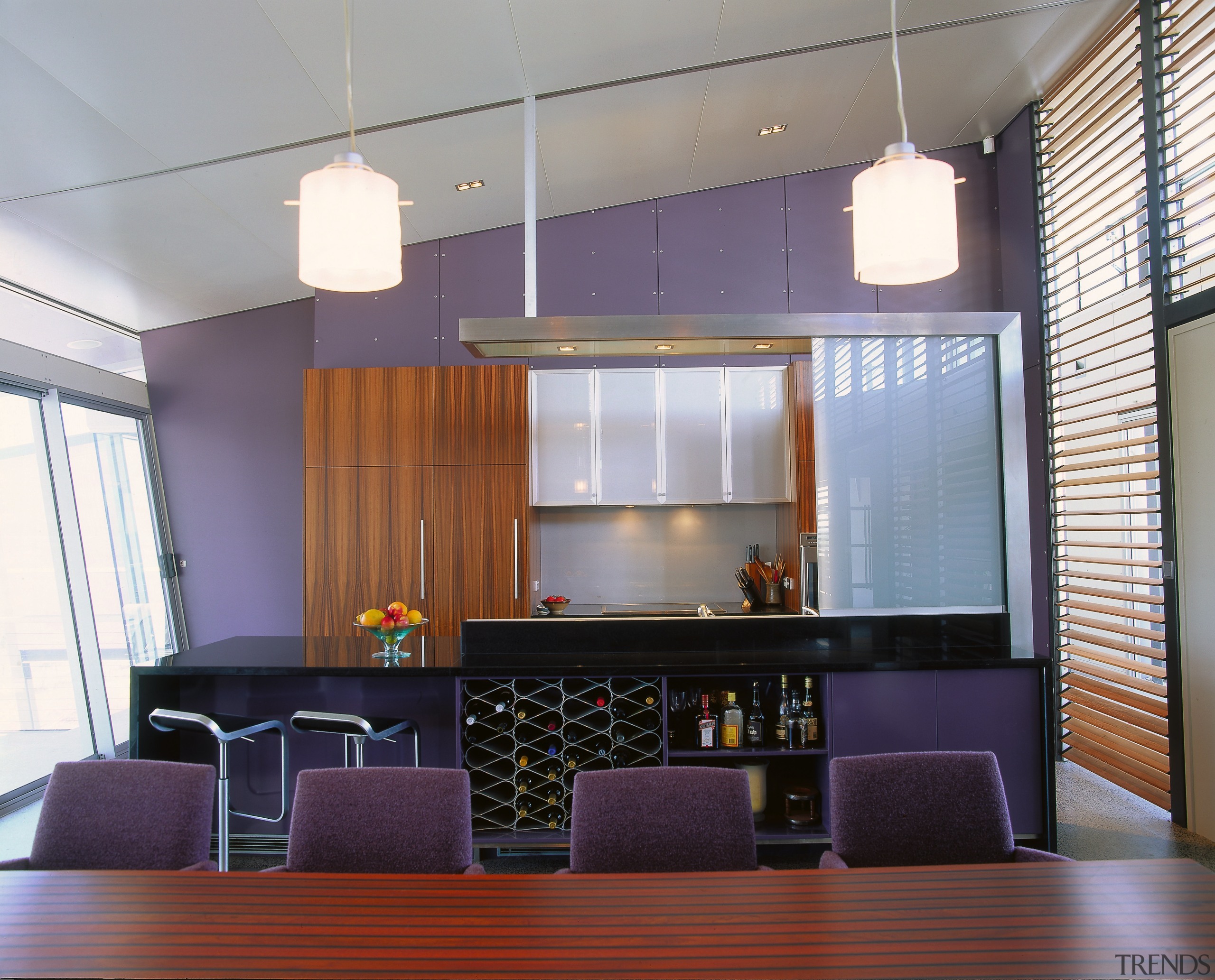 The view of a kitchen and dining area architecture, ceiling, interior design, room, gray