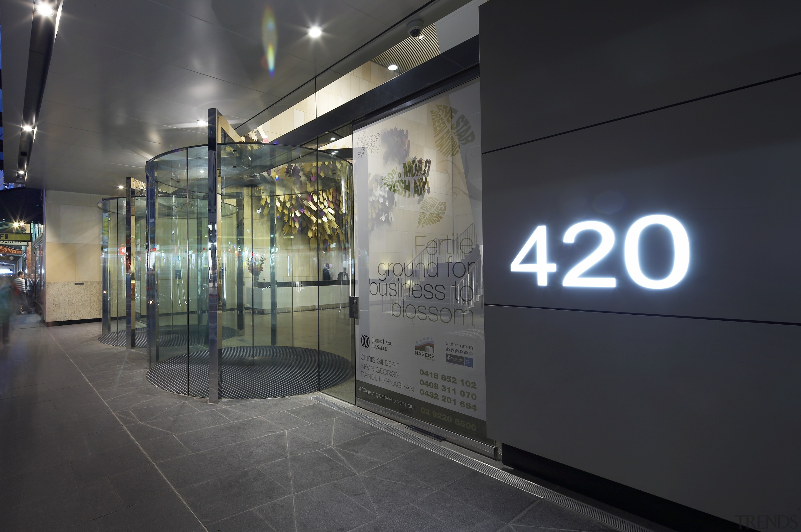 View of 420 George Street, featuring frameless vitrines exhibition, glass, tourist attraction, black, gray