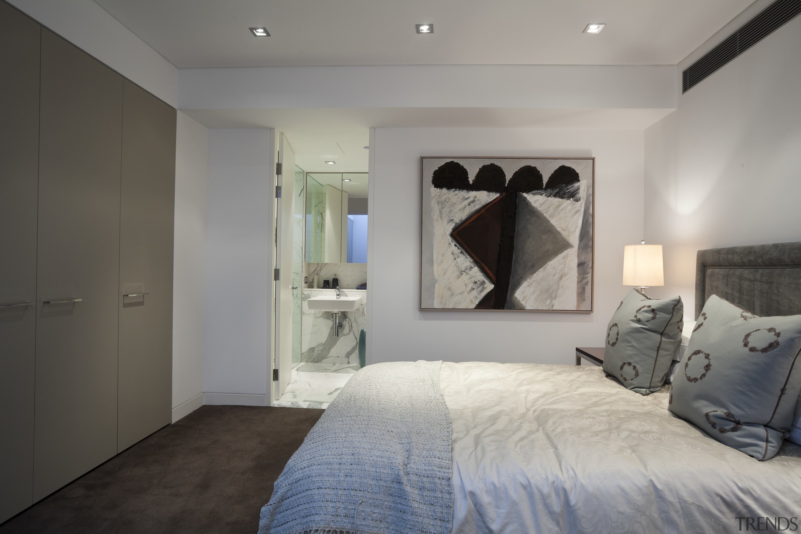 View of bedroom with white duvet and wall architecture, bedroom, ceiling, estate, floor, home, interior design, property, real estate, room, suite, wall, gray