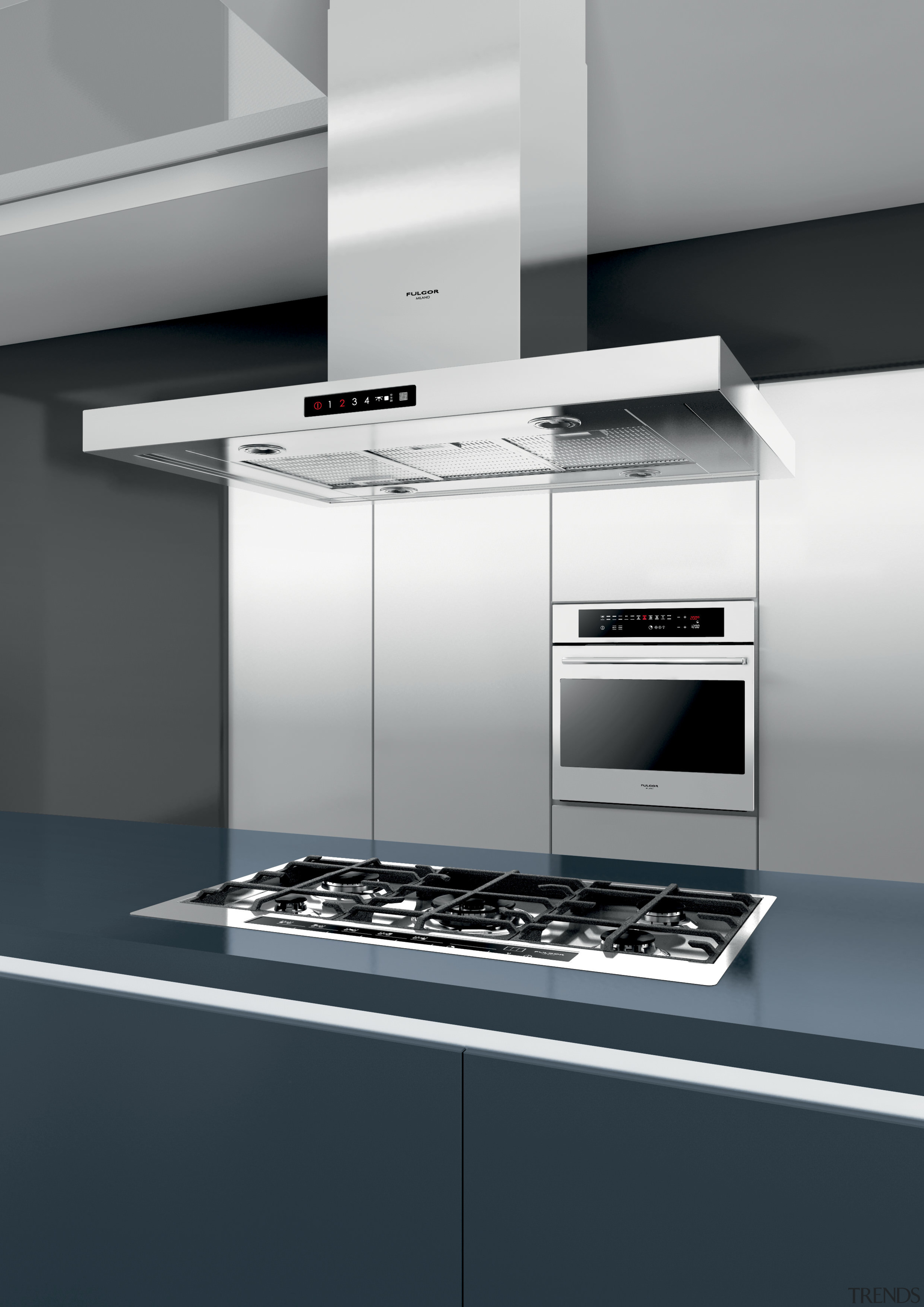 View of modern kitchen fitted with Kleenmaid appliances. countertop, home appliance, interior design, kitchen, kitchen appliance, kitchen stove, major appliance, product, product design, gray, black