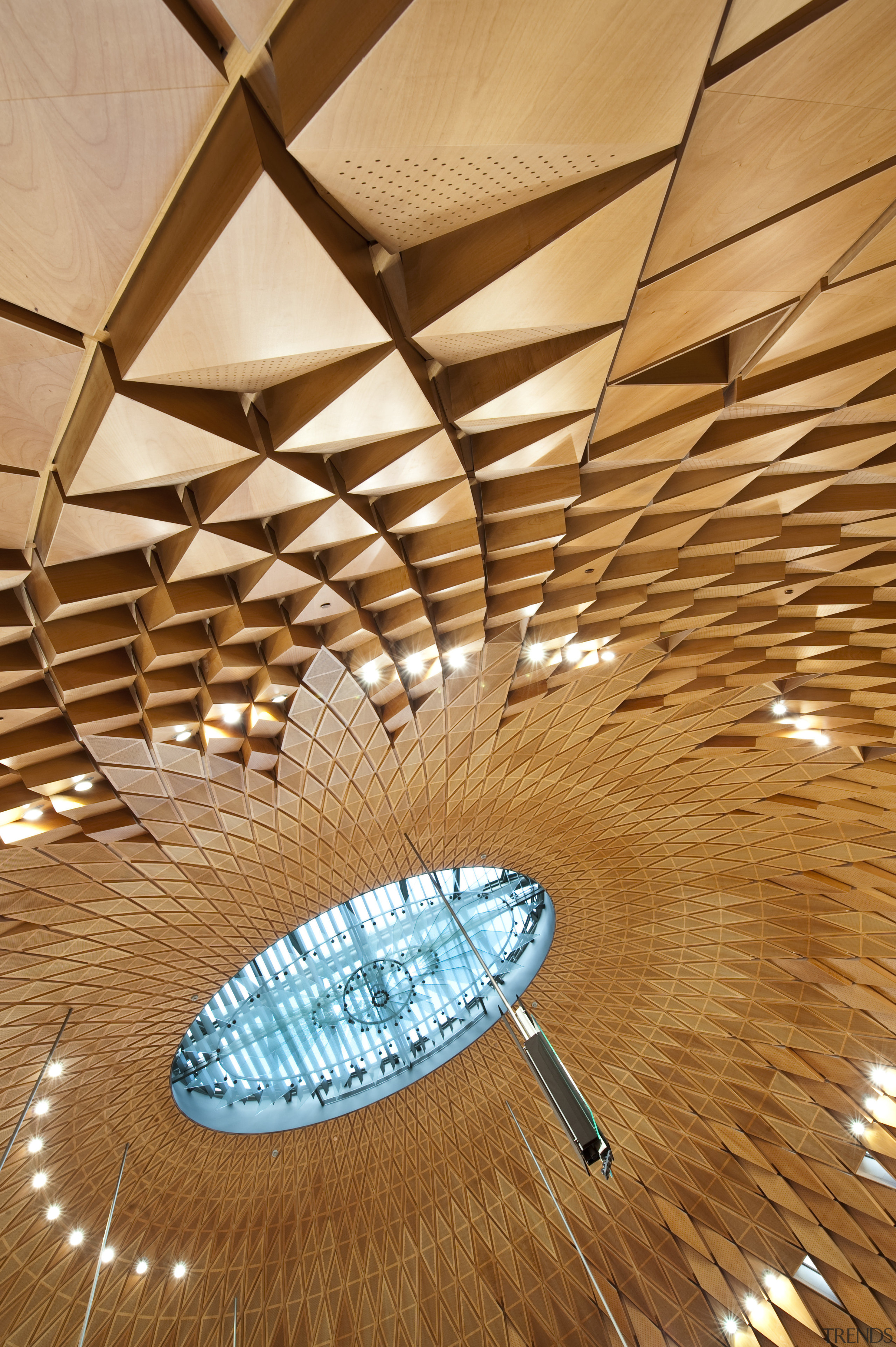 Interior view of the Wellington Supreme Court which architecture, beam, ceiling, daylighting, floor, interior design, light, lighting, line, structure, wood, orange, brown