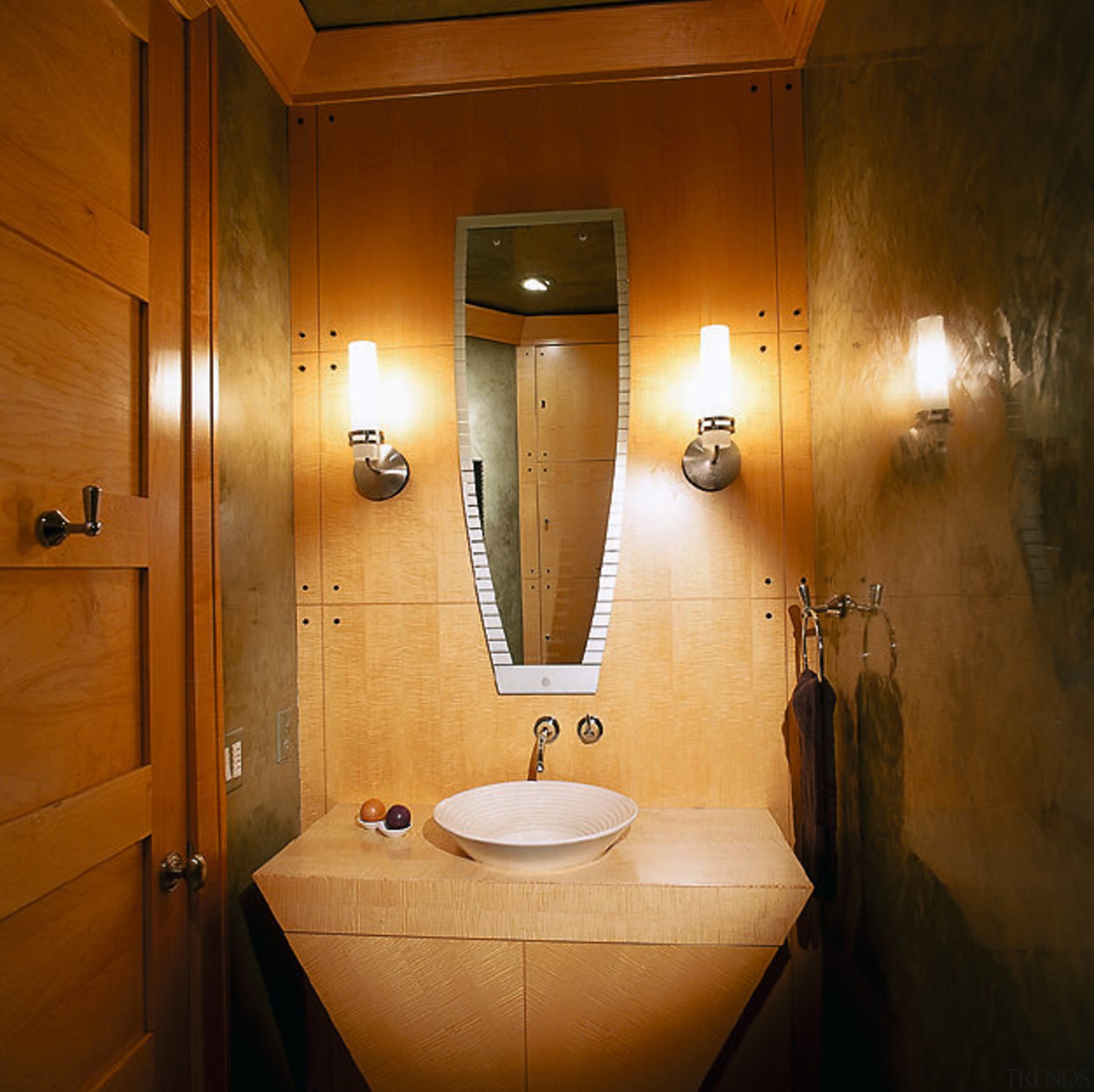 The detail of a vanity unit - The bathroom, ceiling, interior design, lighting, room, brown