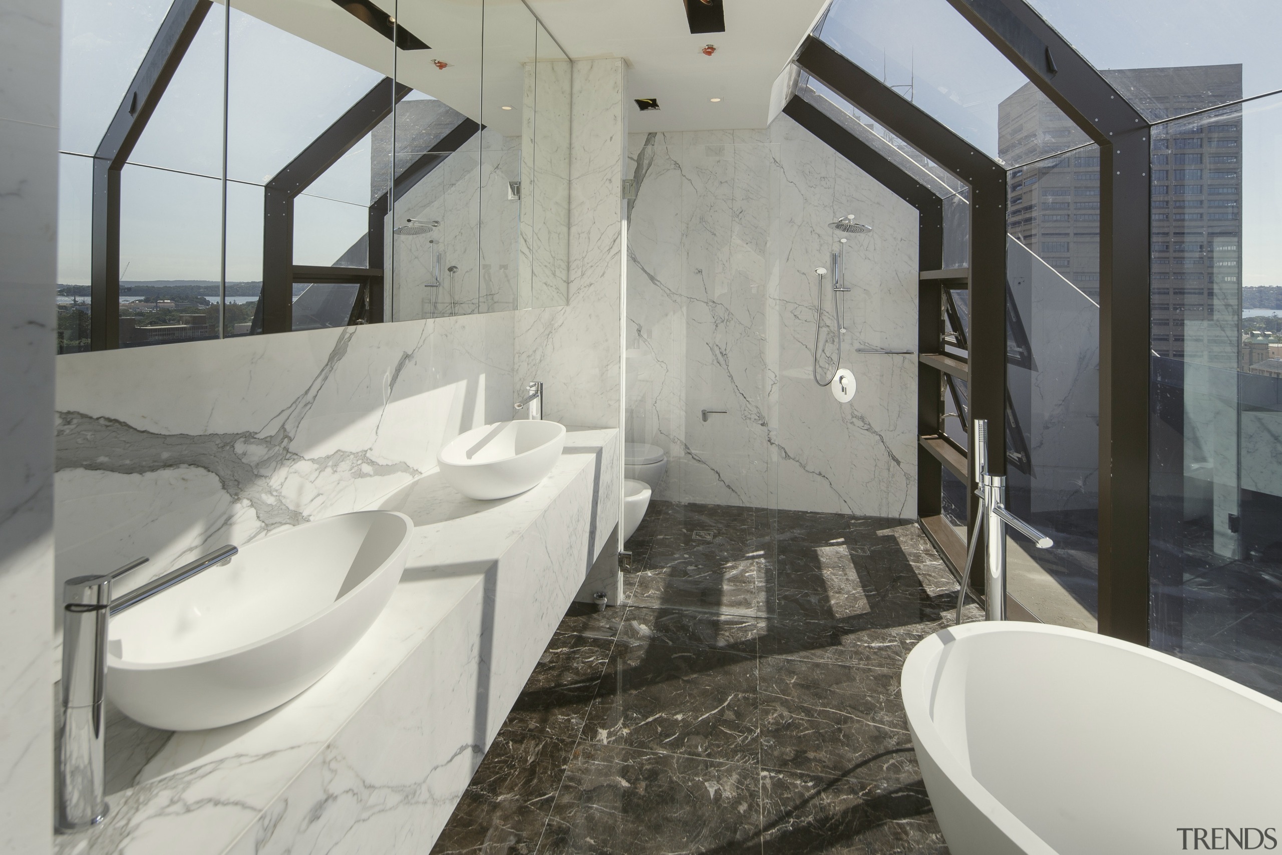 This marble bathroom with twin vanities, freestanding bathtub architecture, bathroom, interior design, property, real estate, gray