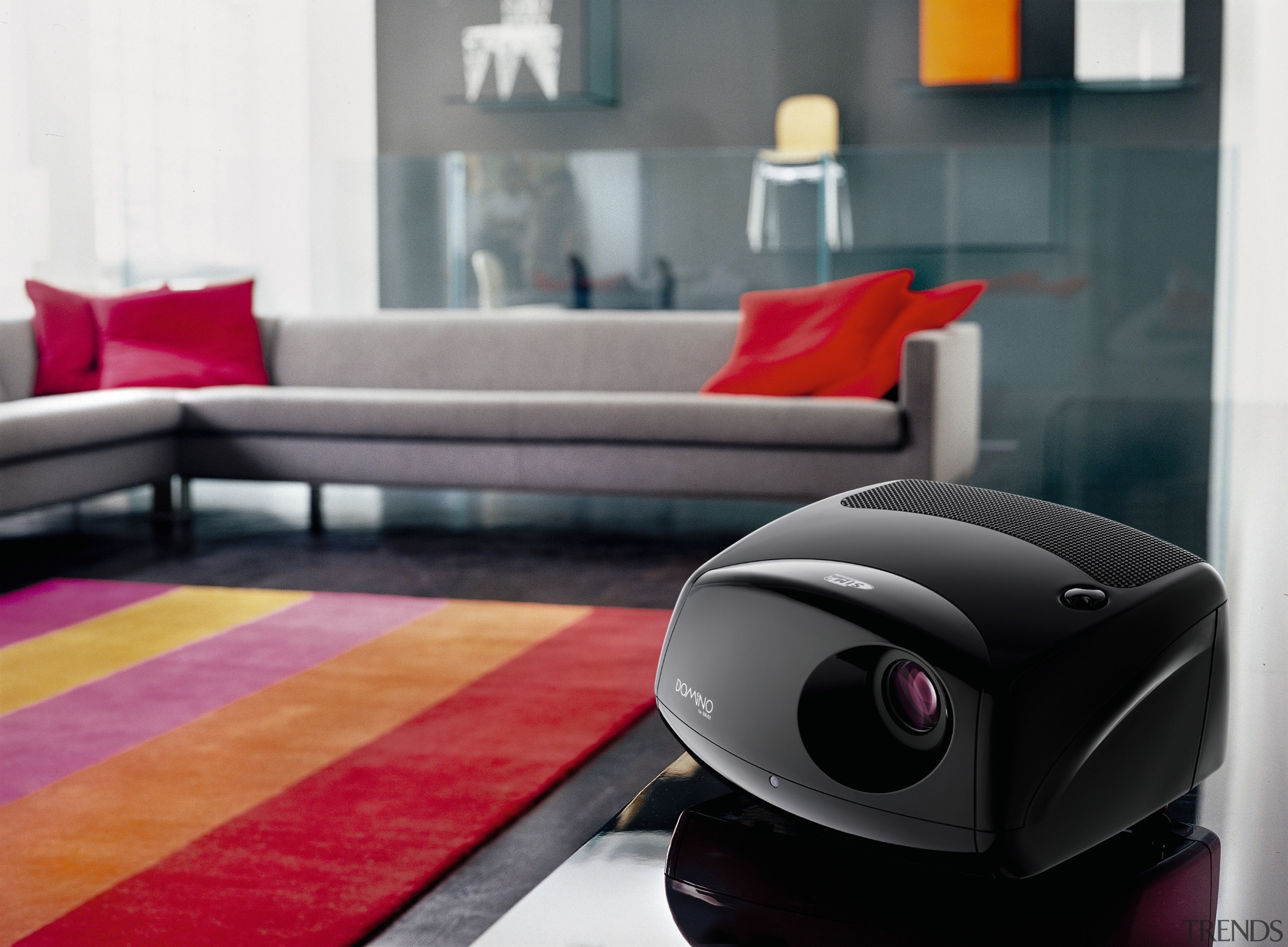 view of the domino screen projector - view automotive design, couch, floor, flooring, furniture, interior design, product, product design, table, technology, gray, black