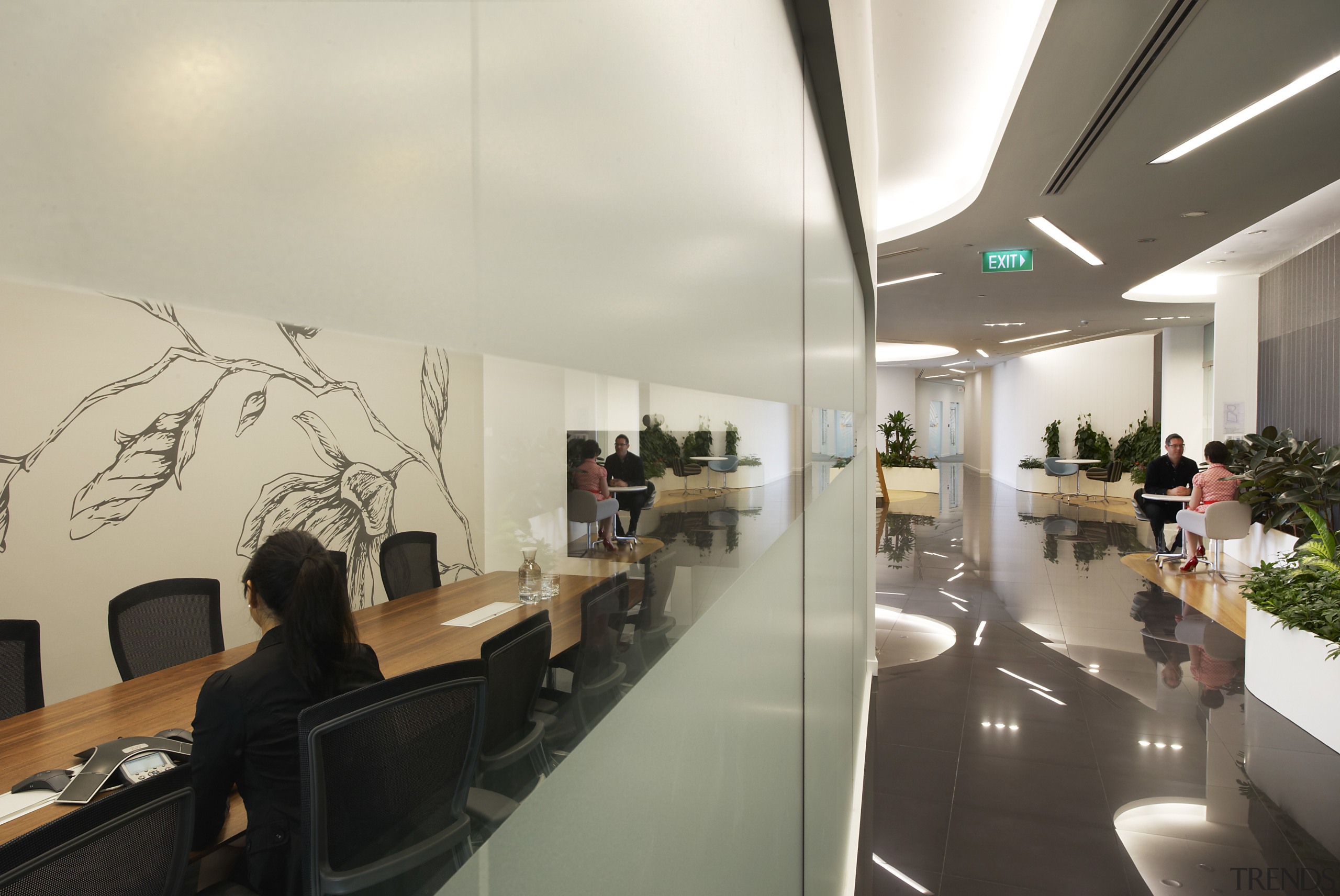 View of the sustainable HSBC office in Mapletree ceiling, interior design, office, gray