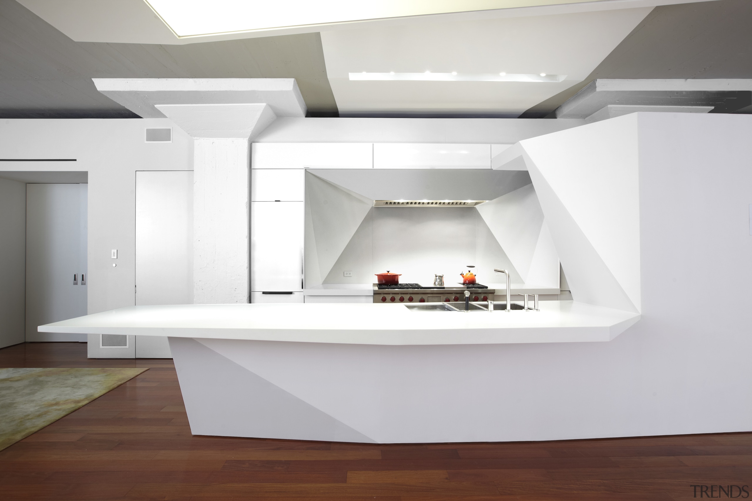 Here is a view of a kitchen designed architecture, countertop, furniture, interior design, product design, table, white, gray