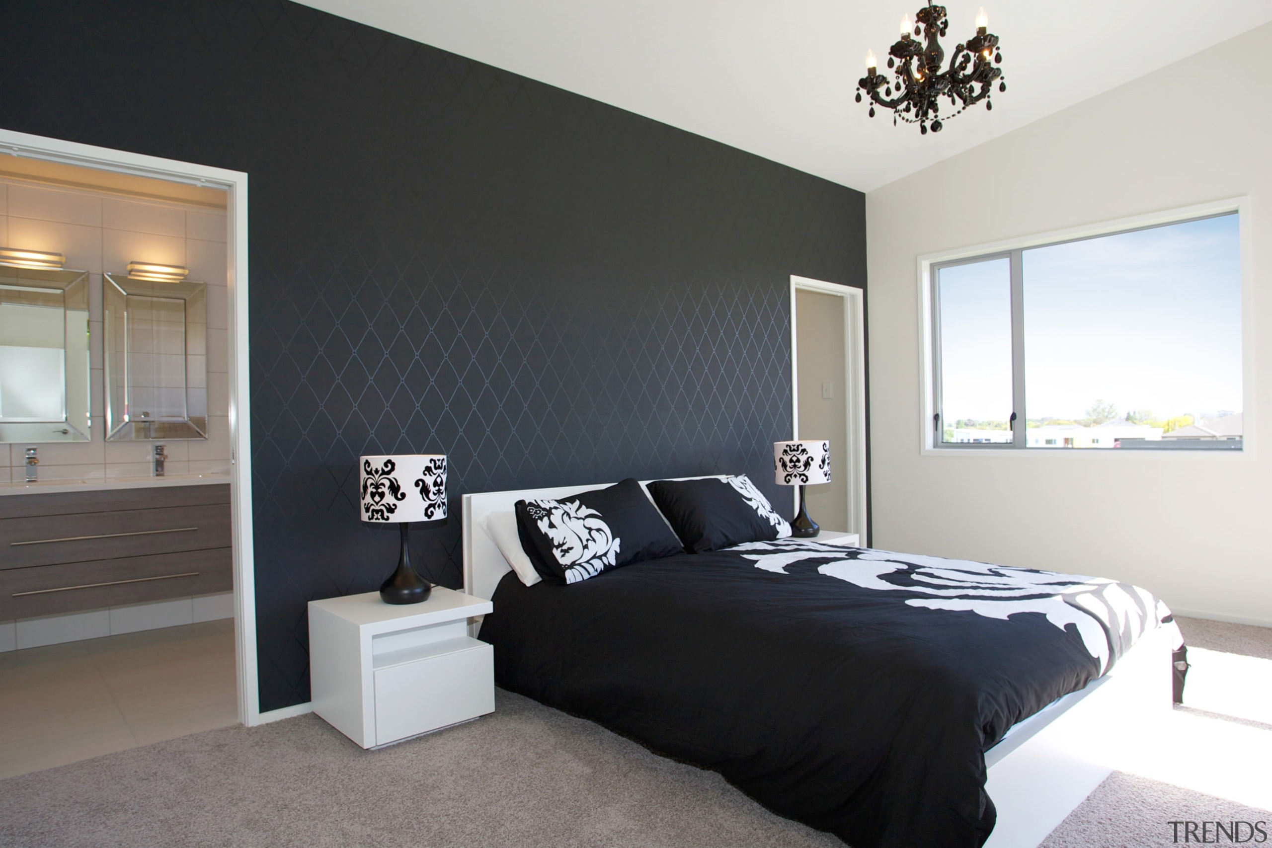 GJ Gardner Homes show home Havelock North.  bed frame, bedroom, ceiling, floor, home, interior design, property, real estate, room, wall, window, black, white