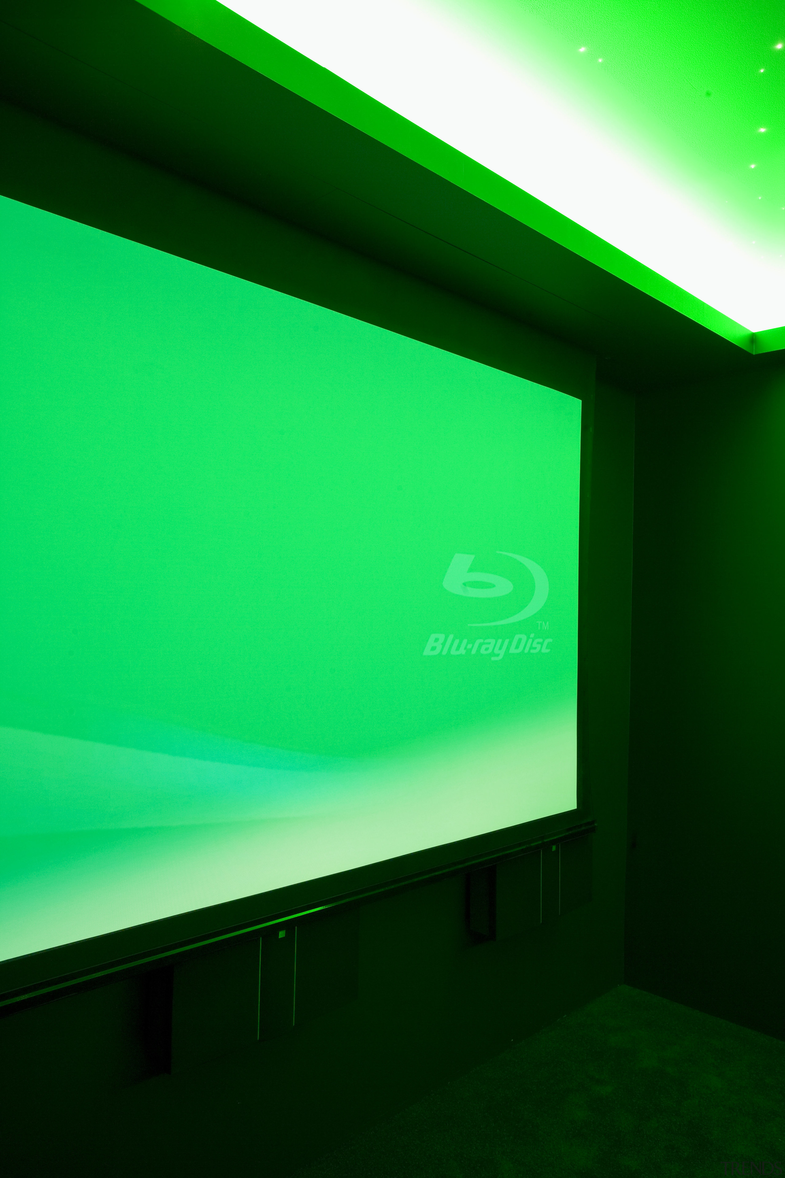 View of projector screen in home theatre. - daylighting, display device, green, light, lighting, projection screen, technology, green
