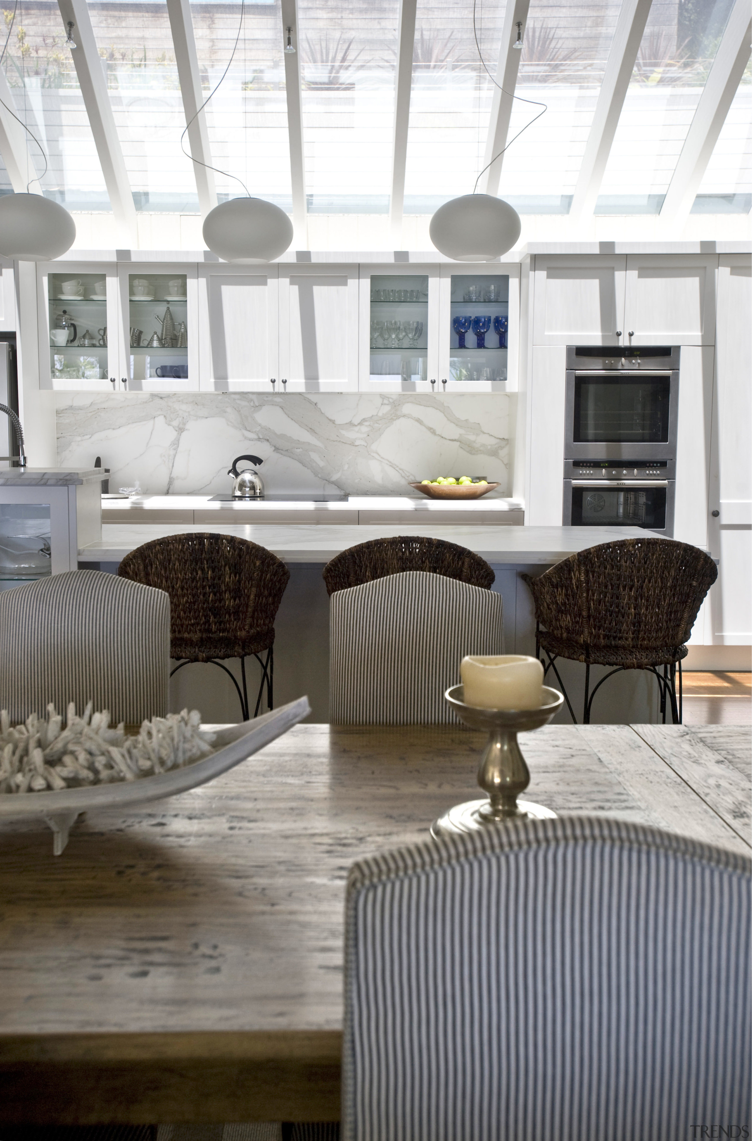 Interior view of a typical Sydney beach house architecture, ceiling, chair, floor, furniture, home, interior design, living room, room, table, window, white, gray