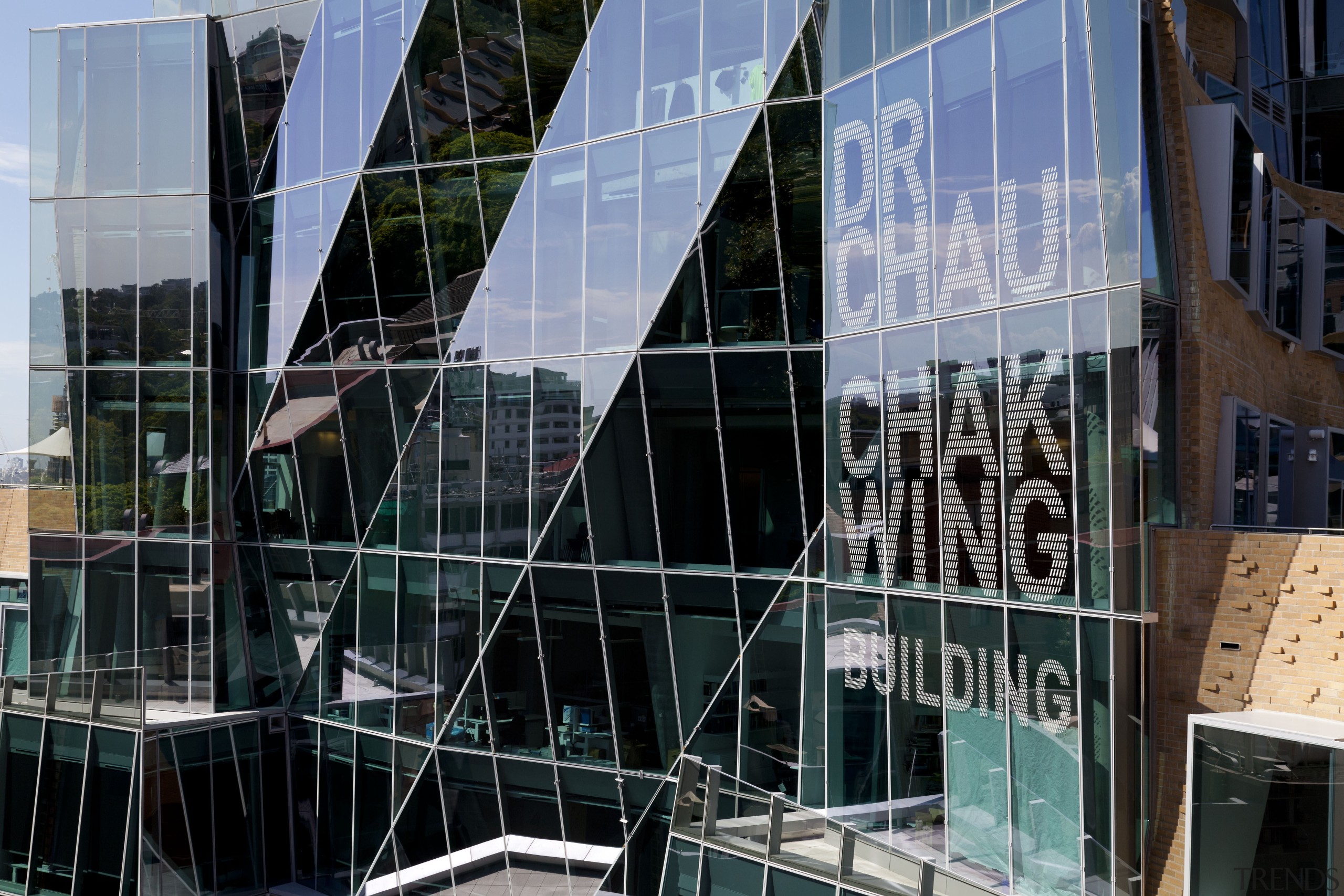 Materials on the Dr Chau Chak Wing Building architecture, building, city, facade, glass, metropolis, reflection, skyscraper, structure, urban area, window, black