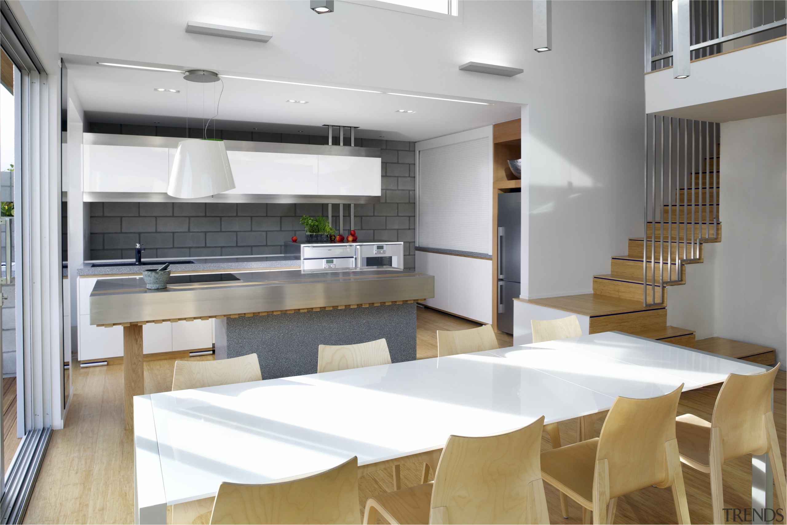 This kitchen, as viewed across the dining area, interior design, kitchen, white, gray