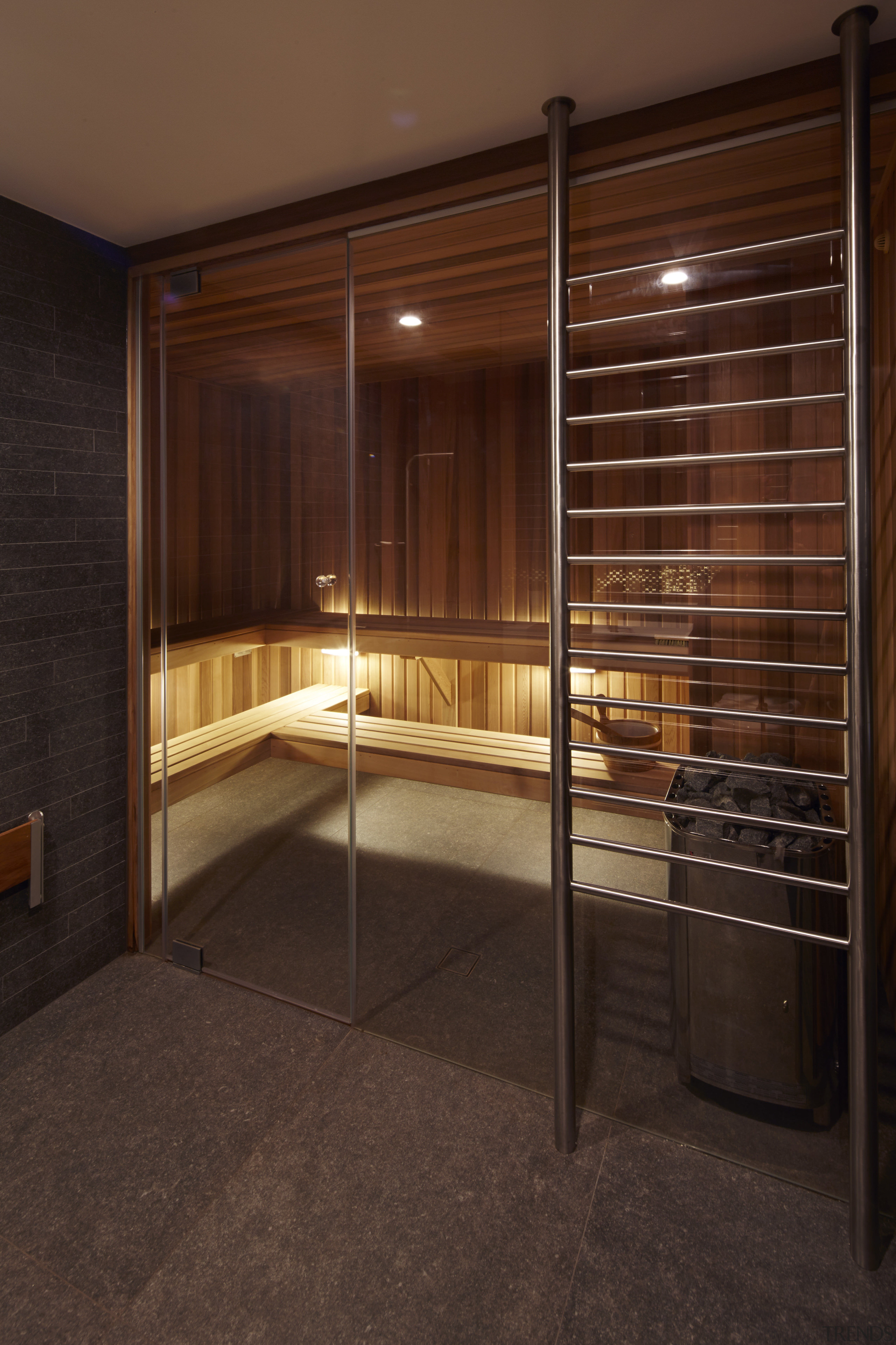 This new sauna is part of the renovation architecture, cabinetry, flooring, interior design, wood, wood stain, red, brown