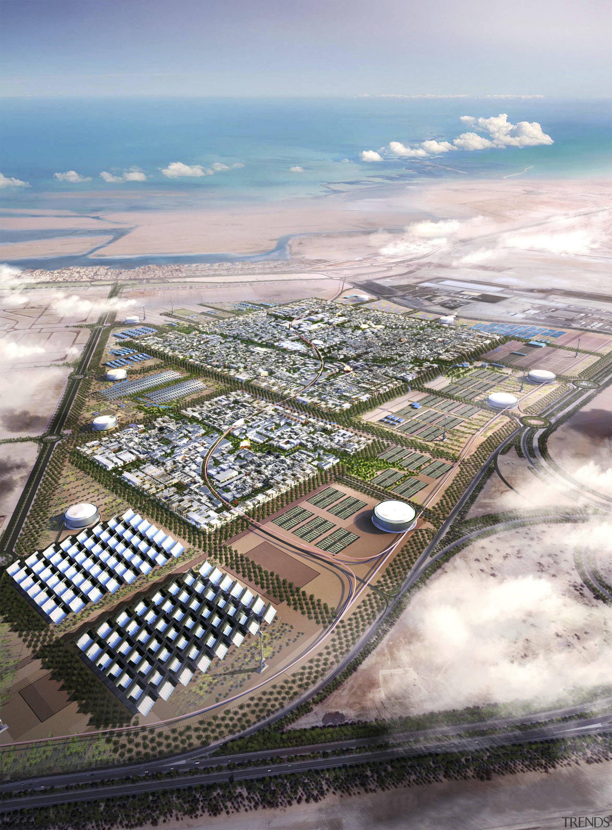 Conceptual aerial view of Masdar City in Abu aerial photography, artificial island, bird's eye view, photography, sky, urban design, water, water resources, gray, white