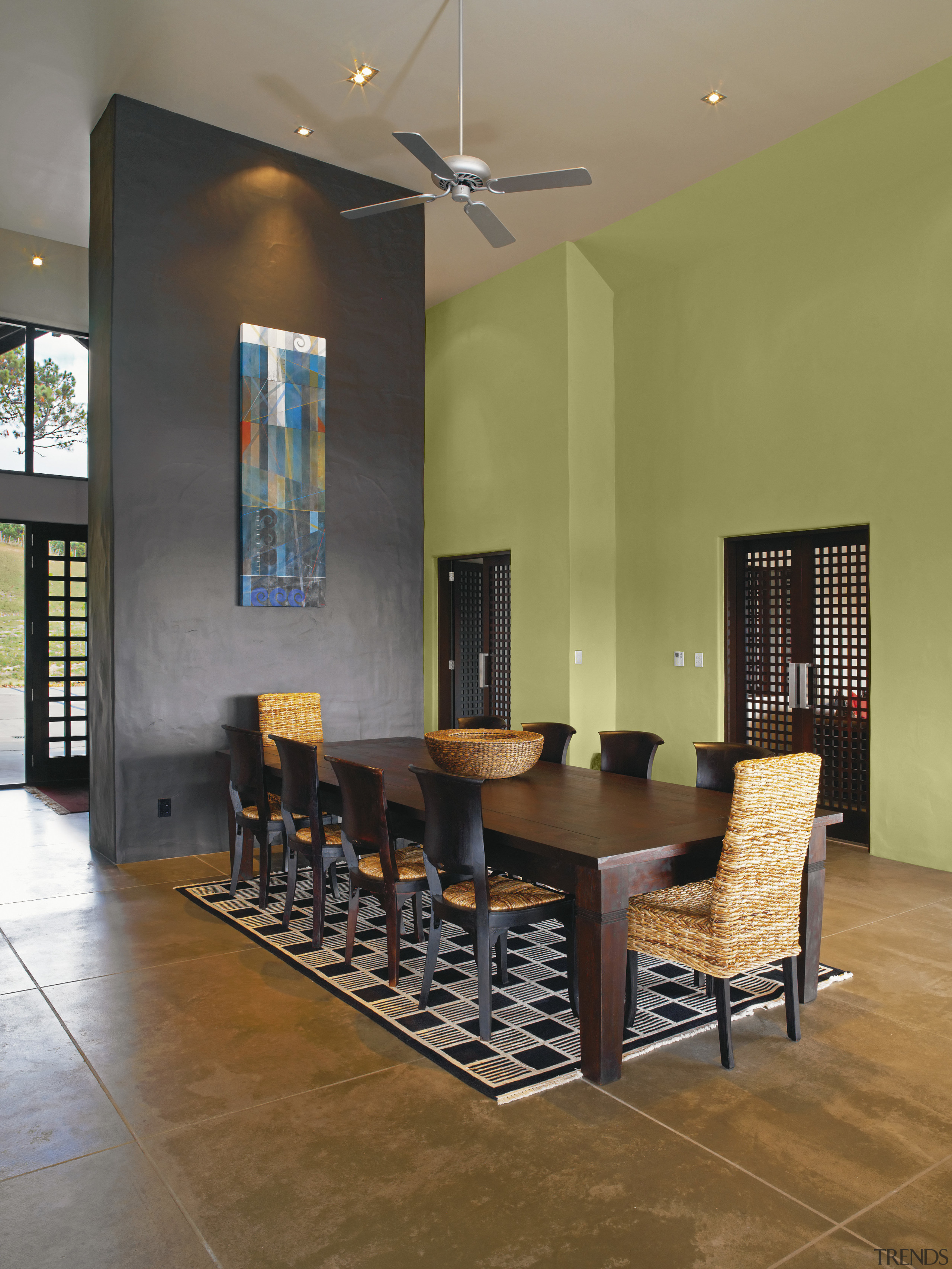 View of a dining room which features wall ceiling, chair, dining room, floor, flooring, furniture, hardwood, interior design, living room, real estate, room, table, wood flooring, brown