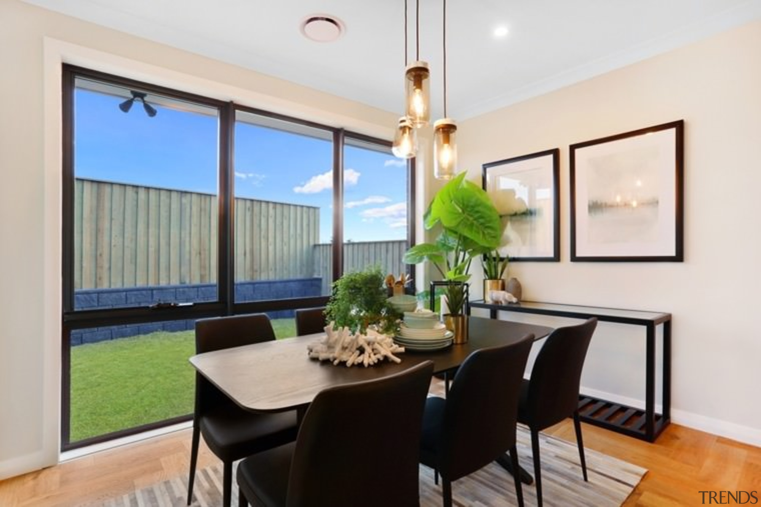 The dining room features a pendant light arrangement dining room, estate, interior design, property, real estate, window, white