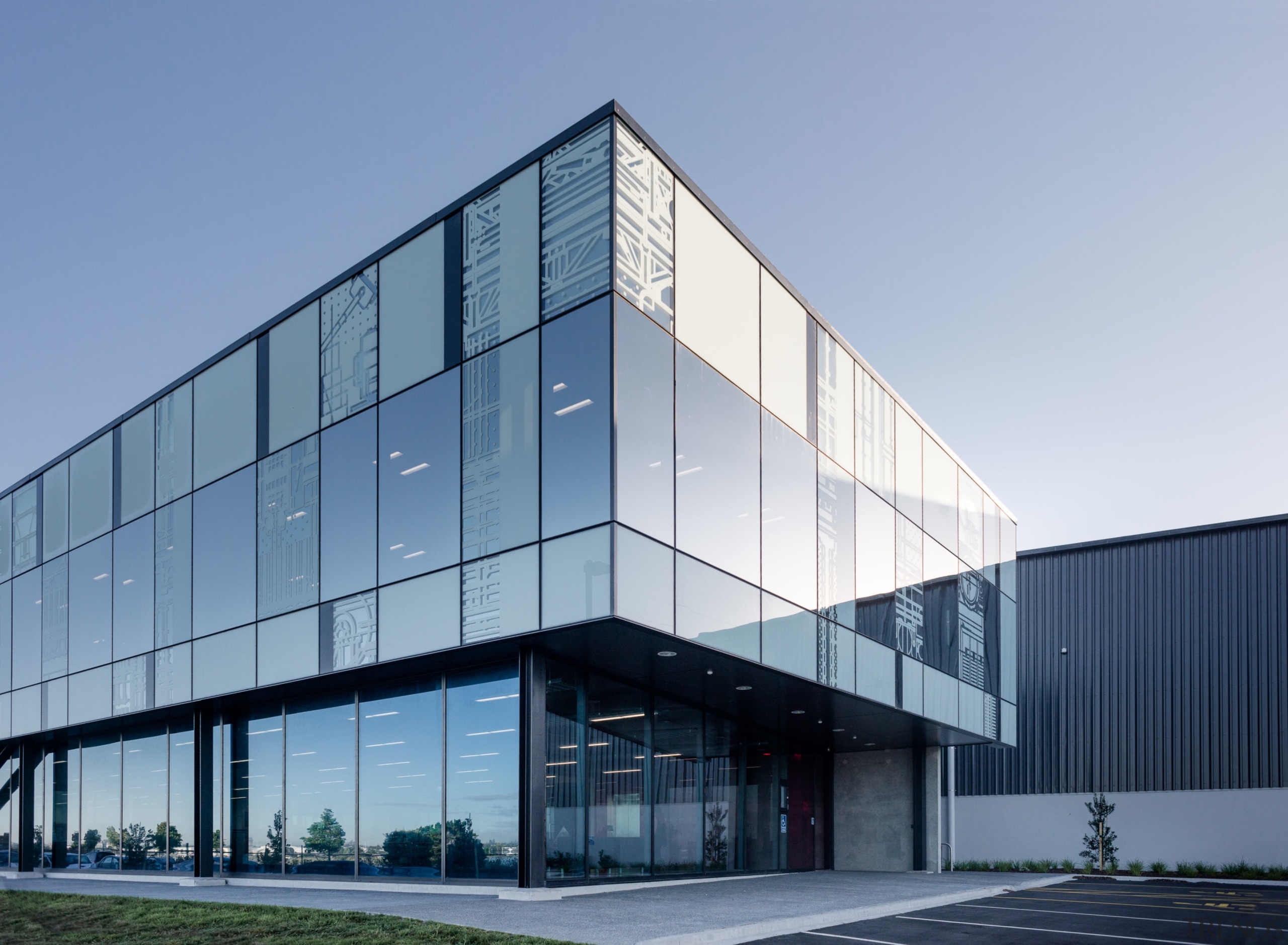 On the new Auckland Metro Performance Glass building, architecture, building, commercial building, corporate headquarters, elevation, facade, headquarters, structure, teal, gray