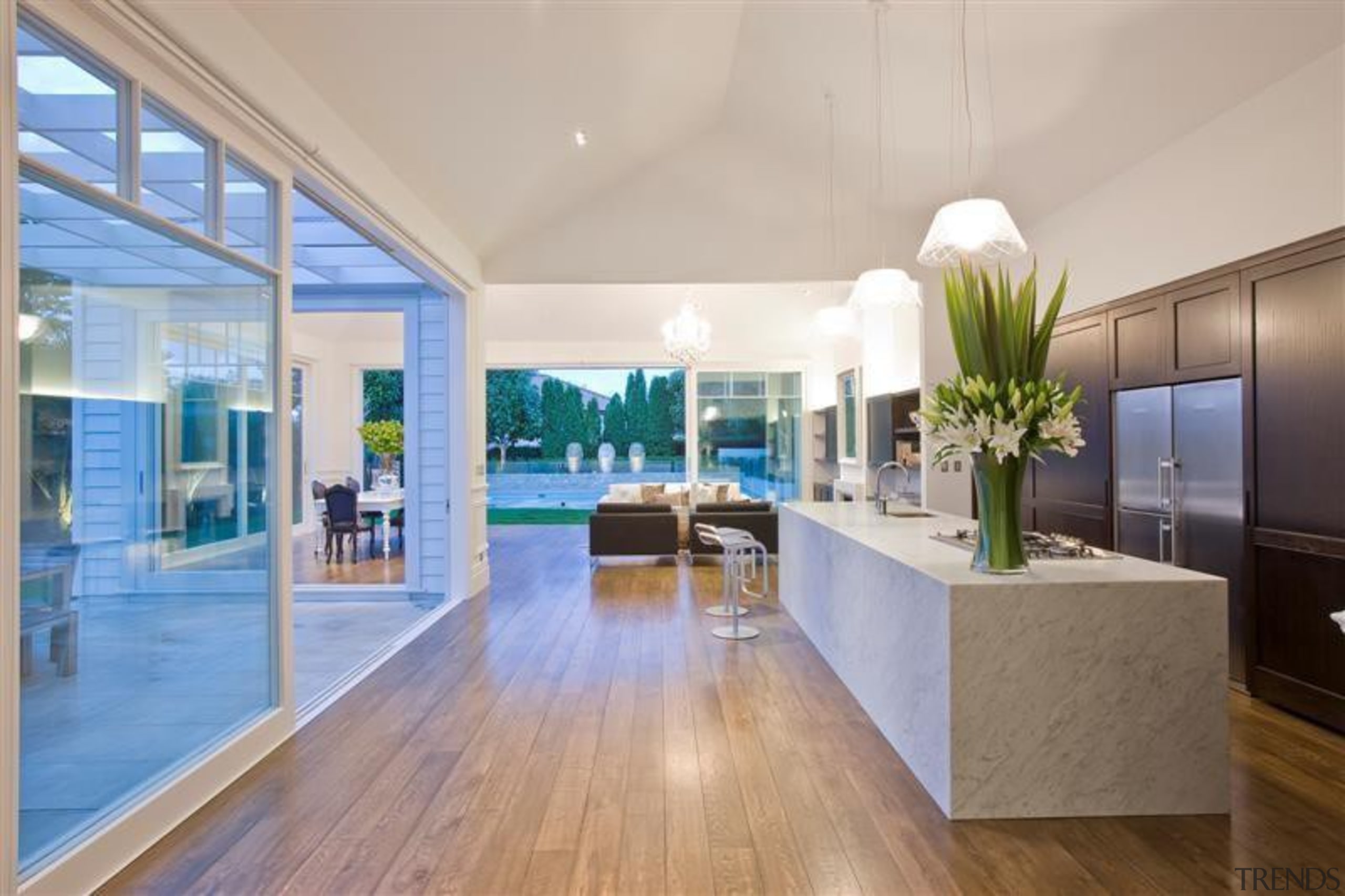 Boxed Island - Bianco Carrara byRobyn Labb Kitchens apartment, architecture, ceiling, daylighting, estate, floor, hardwood, home, house, interior design, living room, penthouse apartment, property, real estate, gray