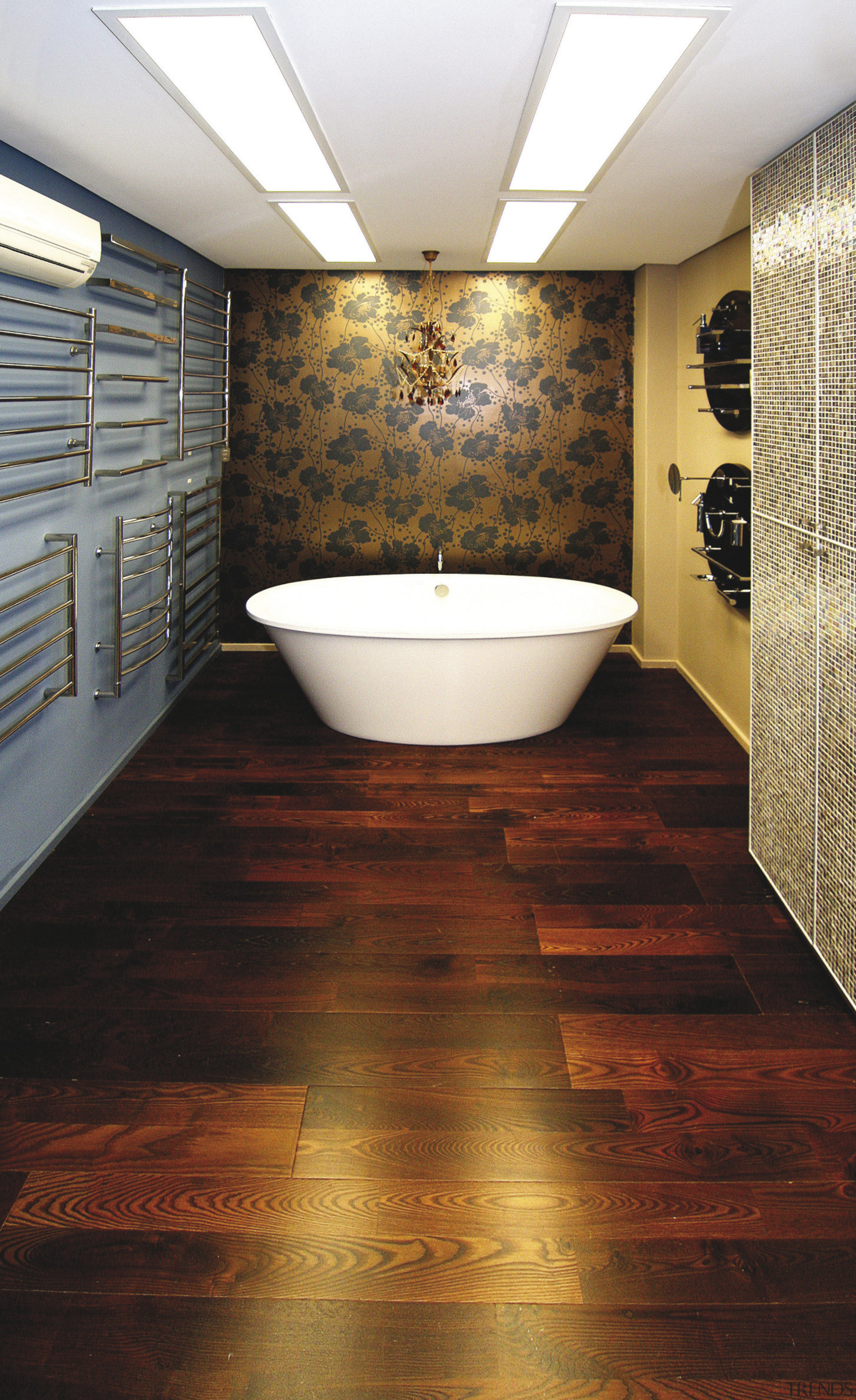View of contemporary bathroom fixtures. - View of bathroom, ceiling, floor, flooring, hardwood, interior design, laminate flooring, room, tile, wall, wood, wood flooring, red