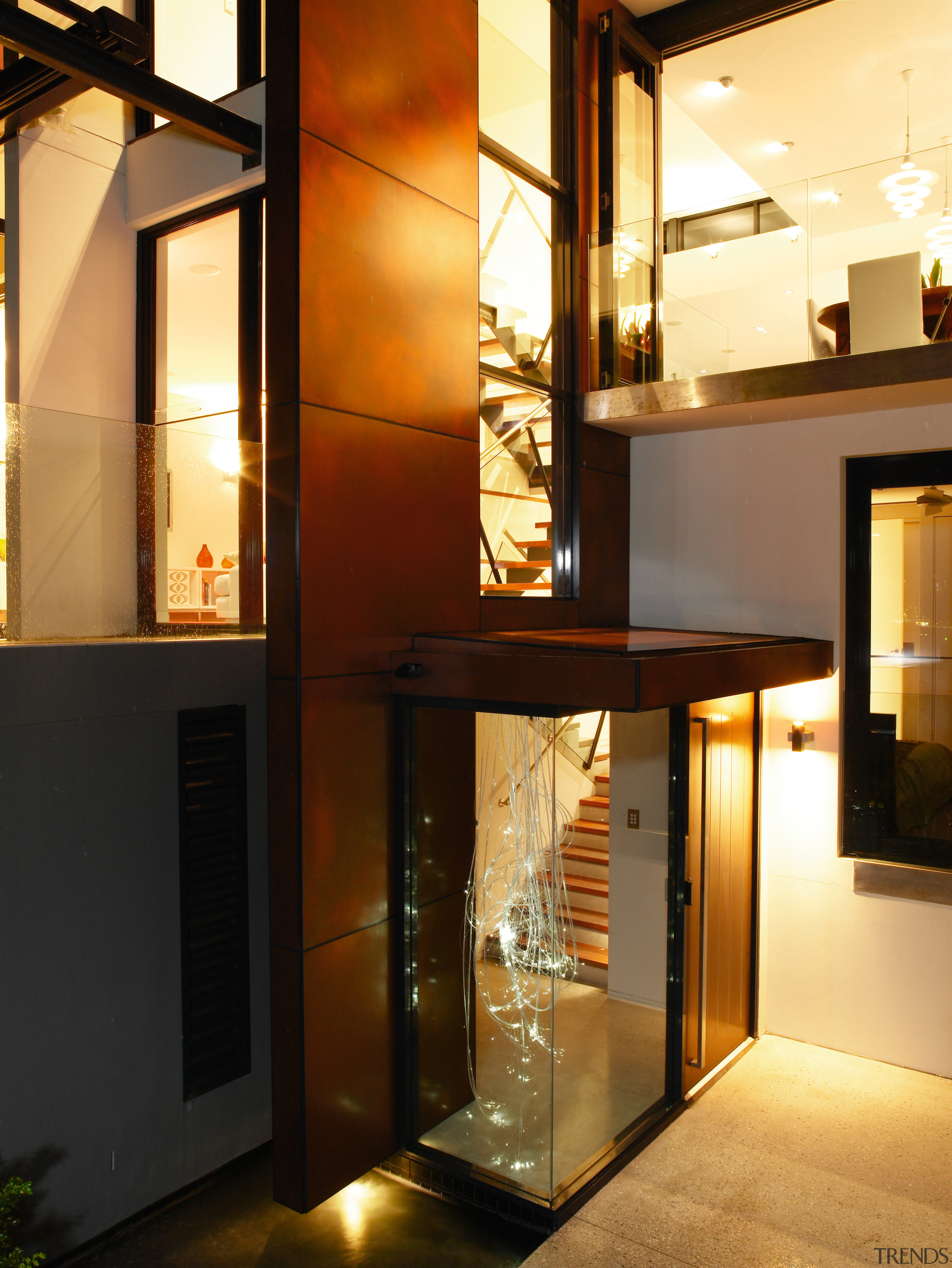 Exterior view of the house - Exterior view glass, interior design, lighting, lobby, brown, orange