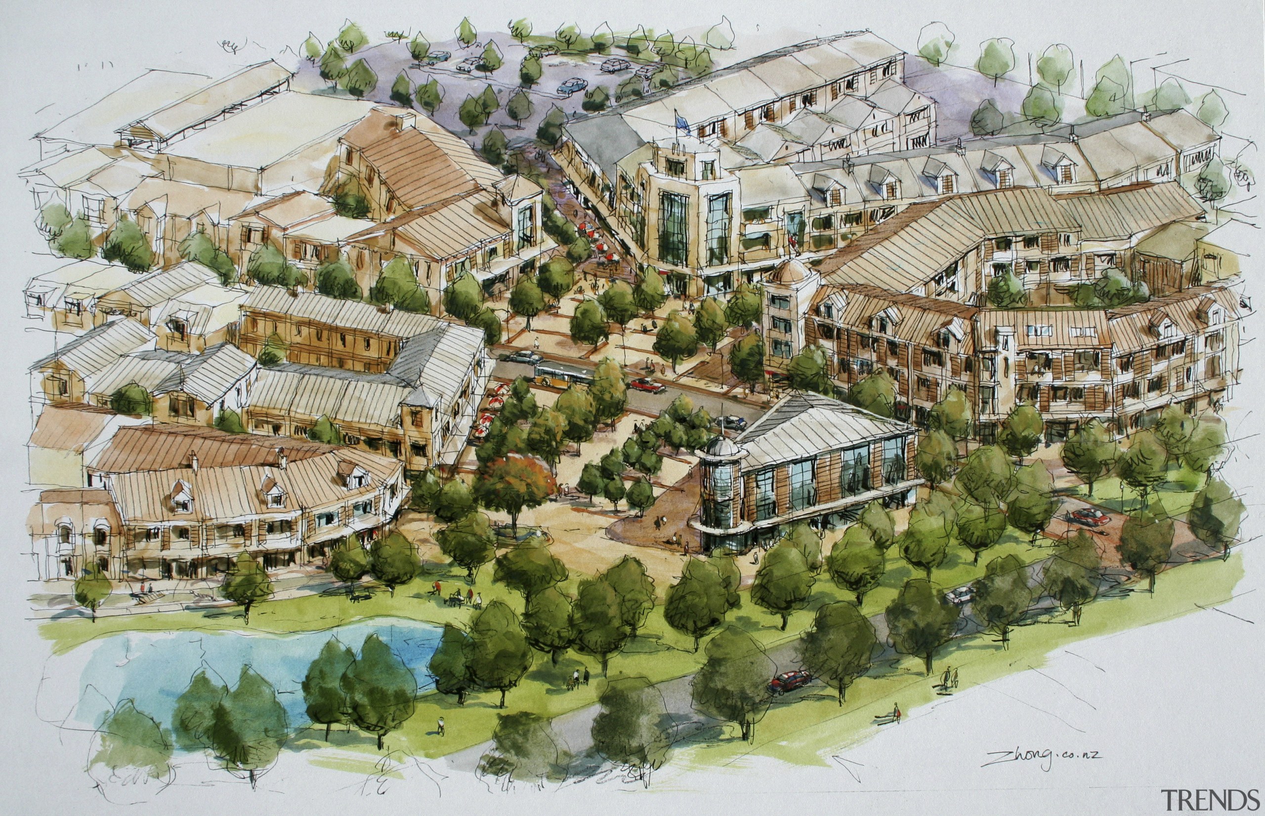 Conceptual drawings of the Tahuna Ridge designed by bird's eye view, mixed use, residential area, suburb, urban design, white