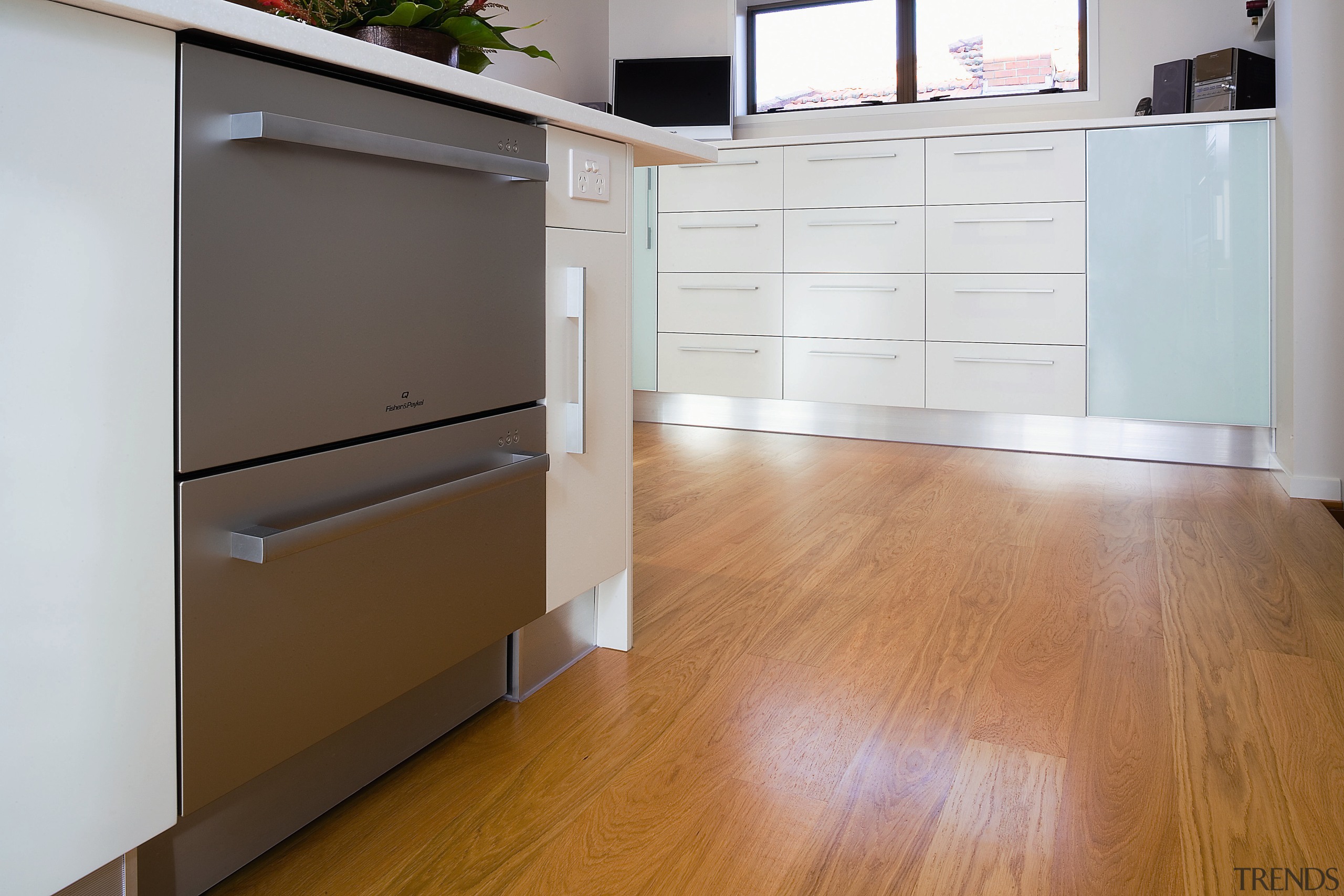 View of stainless steel dishdrawer dishwasher. - View cabinetry, chest of drawers, drawer, floor, flooring, furniture, hardwood, home, laminate flooring, property, room, wall, wood, wood flooring, wood stain, white, brown
