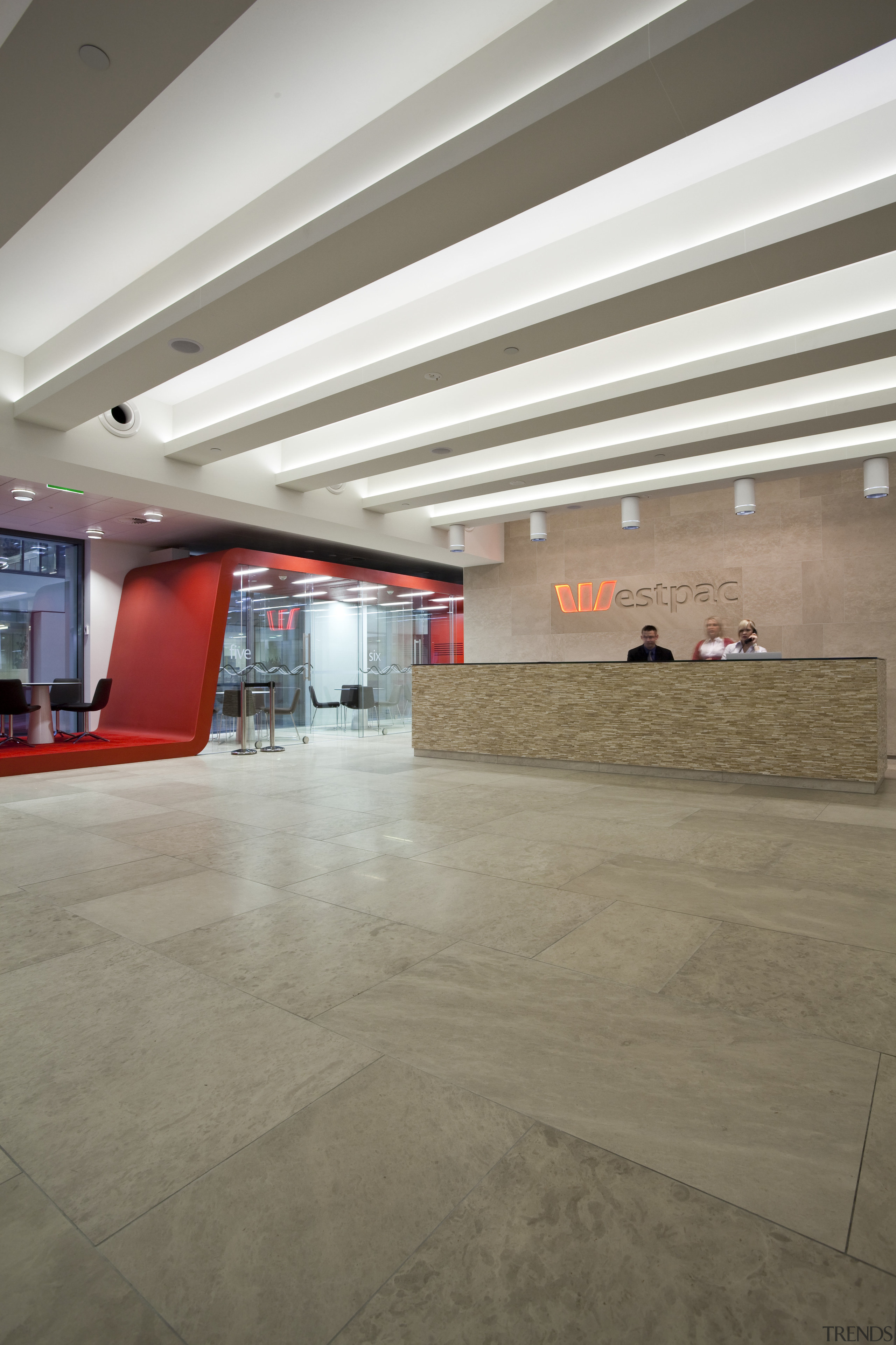 View of the new Westpac head office on architecture, ceiling, daylighting, floor, flooring, interior design, lobby, tile, gray